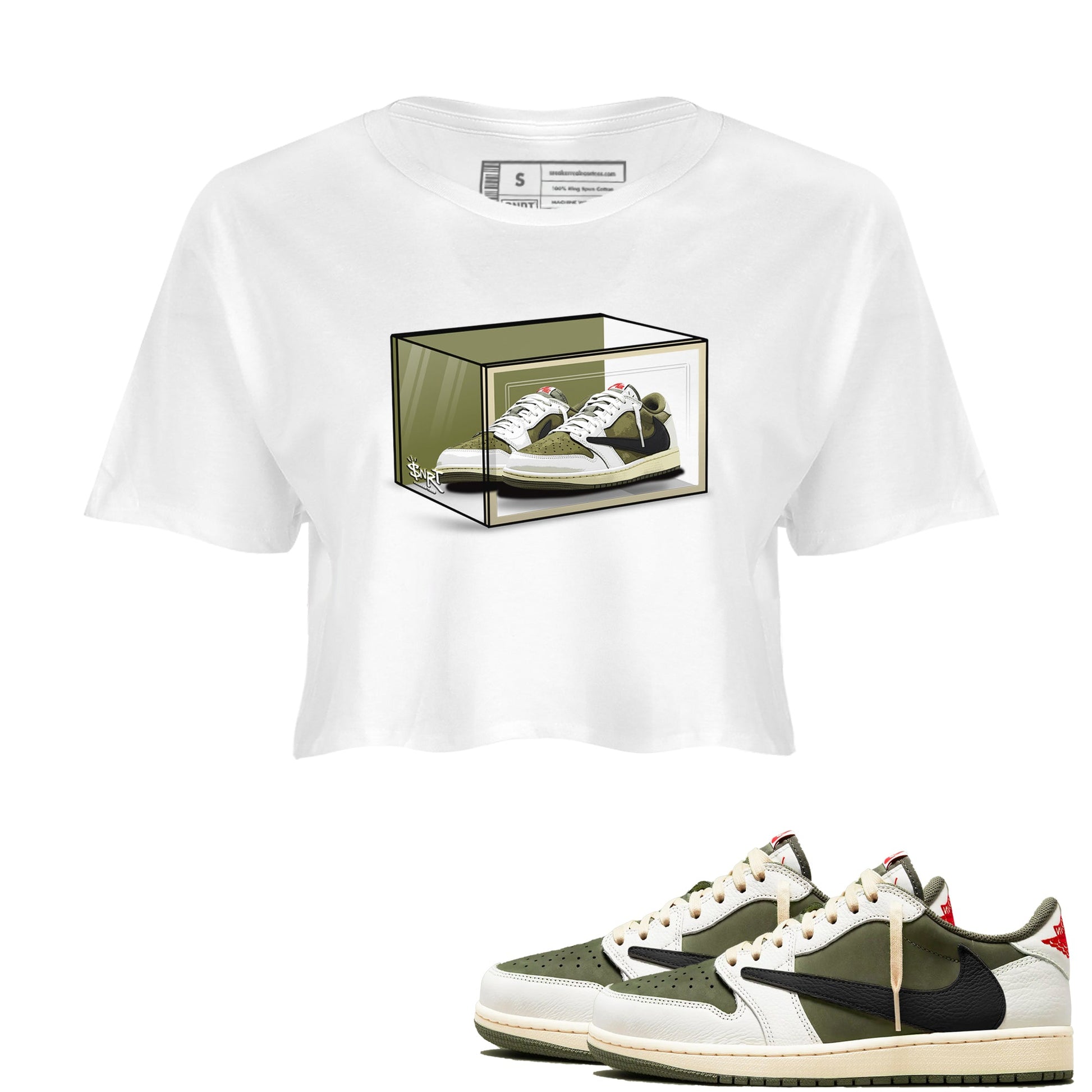 Jordan 1 Olive t shirts to match sneakers Shoe Box sneaker match tees Air Jordan 1 Low x Travis Scott Reverse Olive tee SNRT Sneaker Tees unisex cotton White 1 crop tee