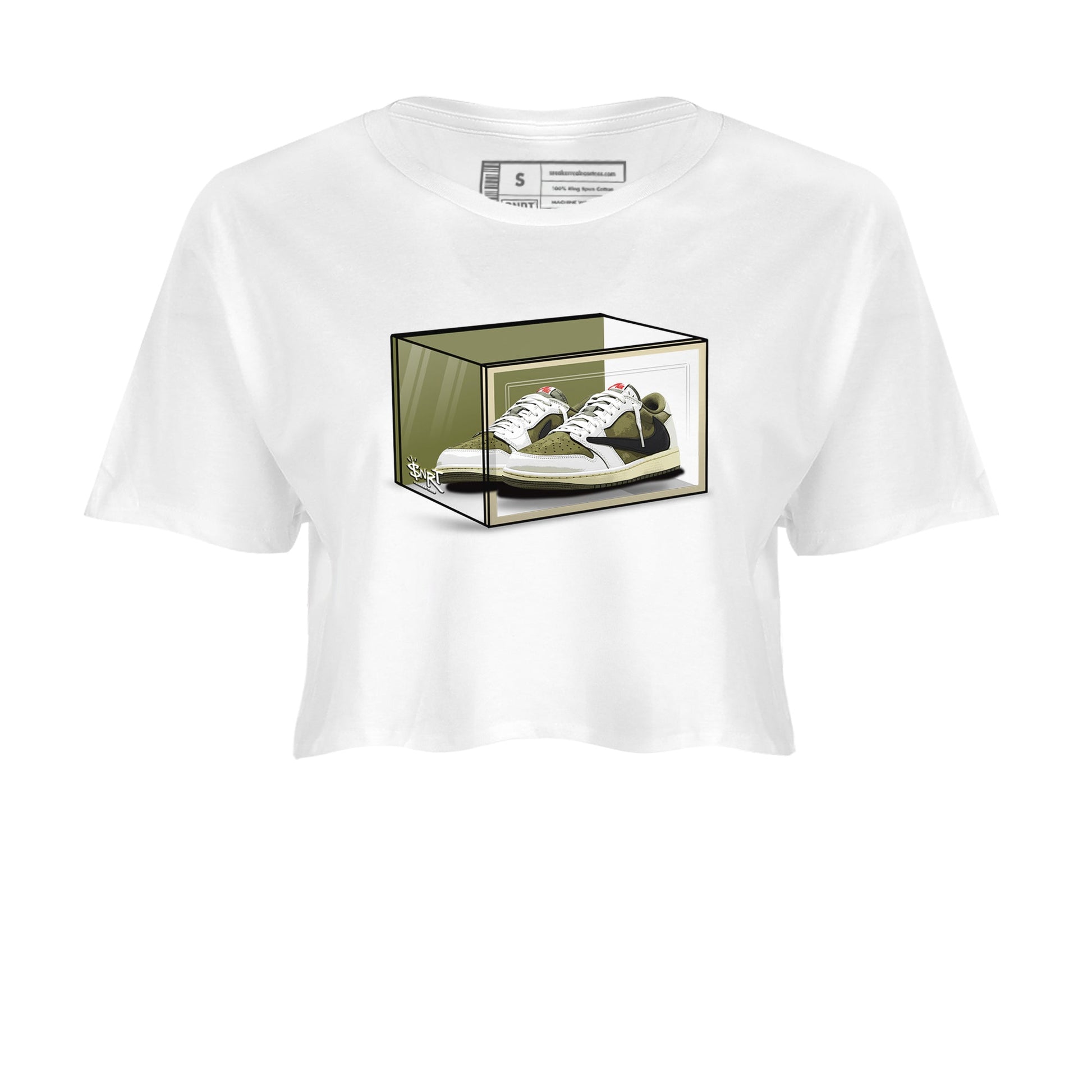 Jordan 1 Olive t shirts to match sneakers Shoe Box sneaker match tees Air Jordan 1 Low x Travis Scott Reverse Olive tee SNRT Sneaker Tees unisex cotton White 2 crop tee