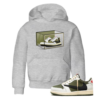 Jordan 1 Olive t shirts to match sneakers Shoe Box sneaker match tees Air Jordan 1 Low x Travis Scott Reverse Olive tee SNRT Sneaker Tees Youth Baby Heather Grey 1 tee