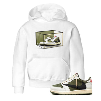Jordan 1 Olive t shirts to match sneakers Shoe Box sneaker match tees Air Jordan 1 Low x Travis Scott Reverse Olive tee SNRT Sneaker Tees Youth Baby White 1 tee