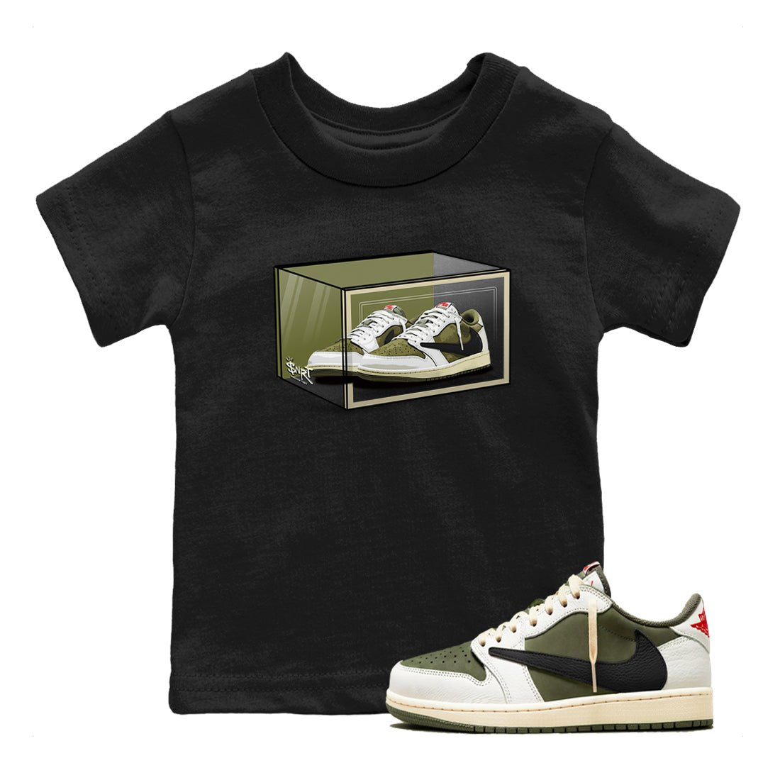 Jordan 1 Olive t shirts to match sneakers Shoe Box sneaker match tees Air Jordan 1 Low x Travis Scott Reverse Olive tee SNRT Sneaker Tees Youth Baby Black 1 tee