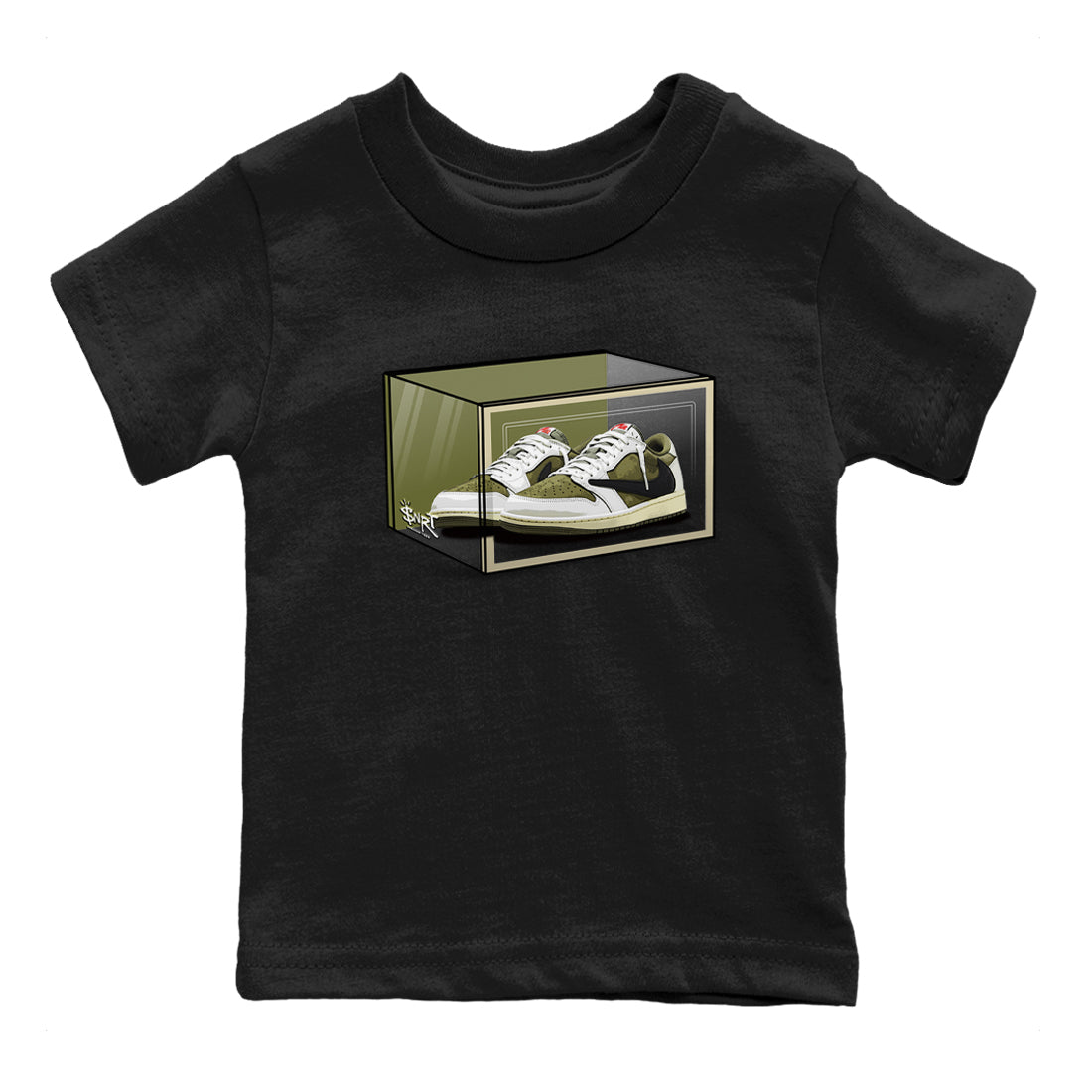 Jordan 1 Olive t shirts to match sneakers Shoe Box sneaker match tees Air Jordan 1 Low x Travis Scott Reverse Olive tee SNRT Sneaker Tees Youth Baby Black 2 tee