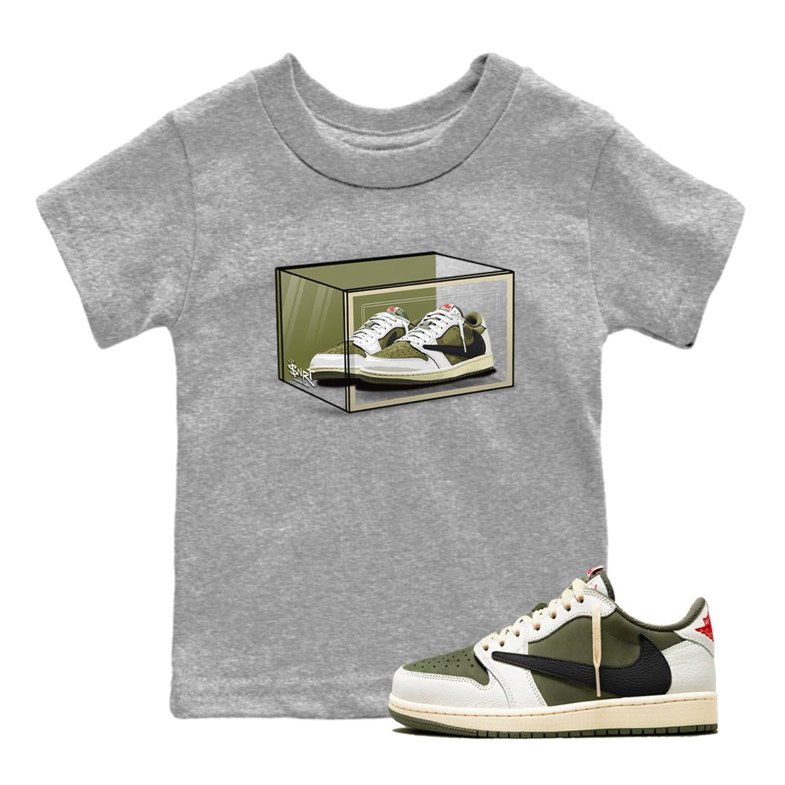 Jordan 1 Olive t shirts to match sneakers Shoe Box sneaker match tees Air Jordan 1 Low x Travis Scott Reverse Olive tee SNRT Sneaker Tees Youth Baby Heather Grey 1 tee
