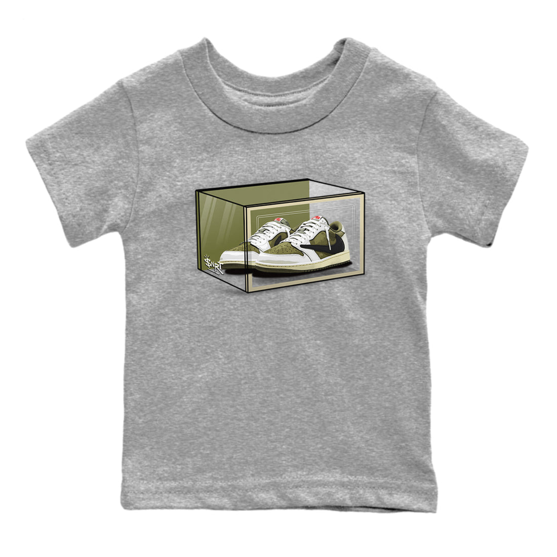 Jordan 1 Olive t shirts to match sneakers Shoe Box sneaker match tees Air Jordan 1 Low x Travis Scott Reverse Olive tee SNRT Sneaker Tees Youth Baby Heather Grey 2 tee