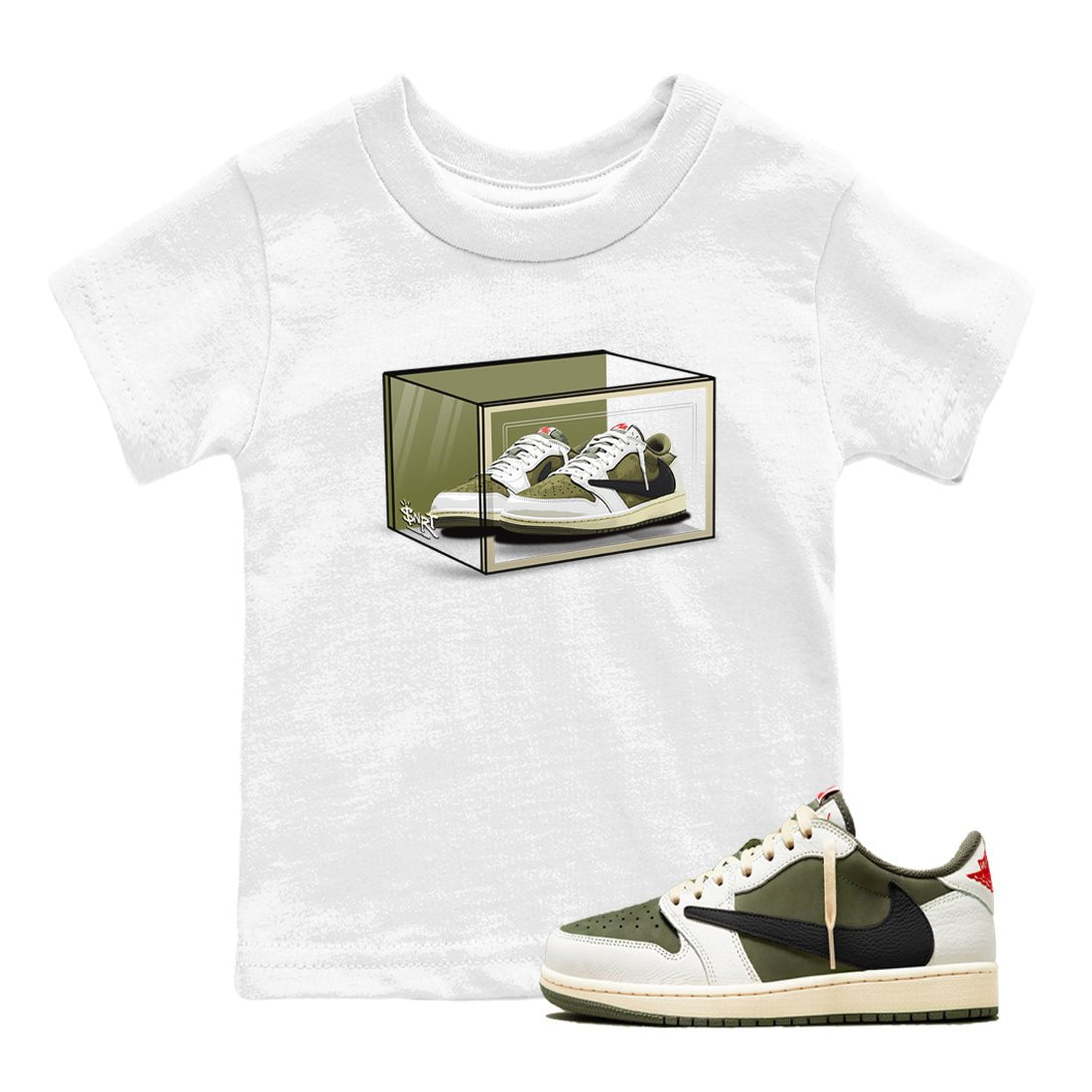 Jordan 1 Olive t shirts to match sneakers Shoe Box sneaker match tees Air Jordan 1 Low x Travis Scott Reverse Olive tee SNRT Sneaker Tees Youth Baby White 1 tee