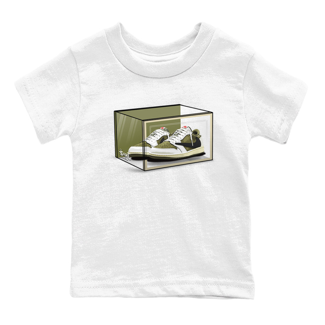 Jordan 1 Olive t shirts to match sneakers Shoe Box sneaker match tees Air Jordan 1 Low x Travis Scott Reverse Olive tee SNRT Sneaker Tees Youth Baby White 2 tee