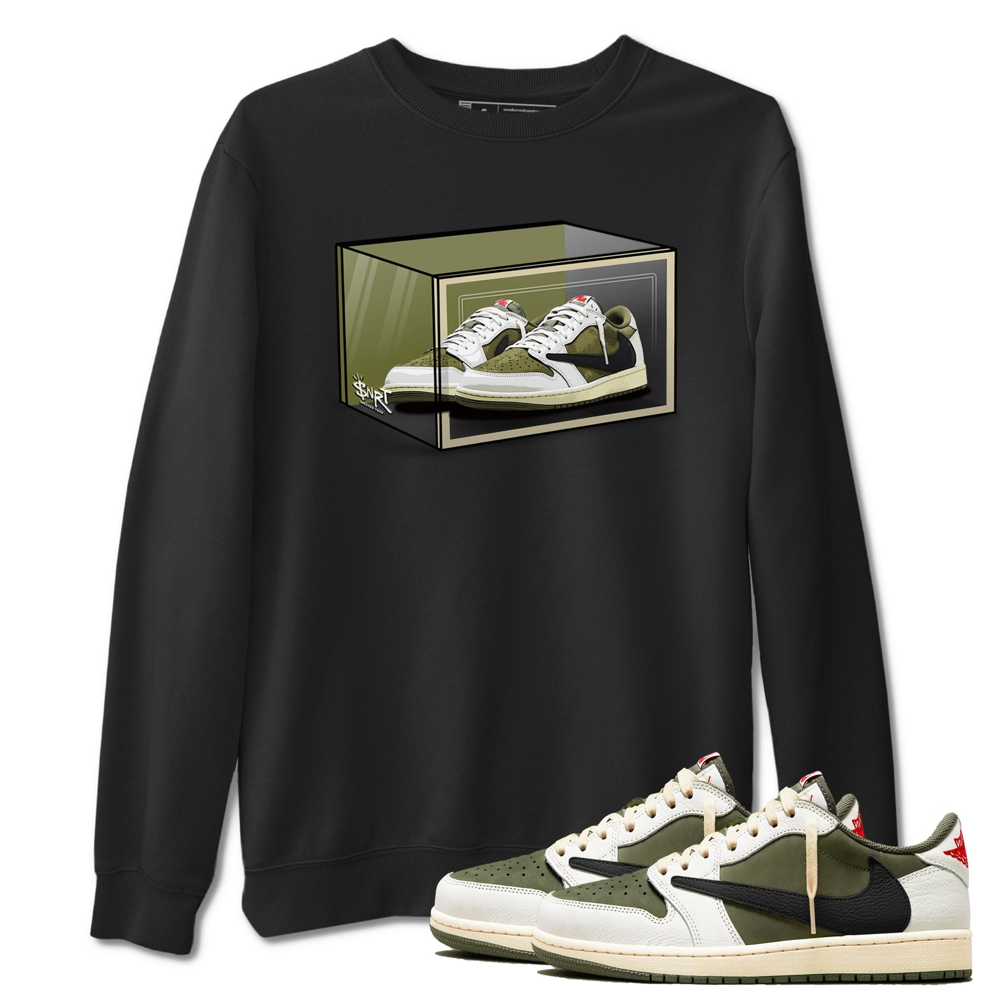 Jordan 1 Olive t shirts to match sneakers Shoe Box sneaker match tees Air Jordan 1 Low x Travis Scott Reverse Olive tee SNRT Sneaker Tees unisex cotton Black 1 shirts