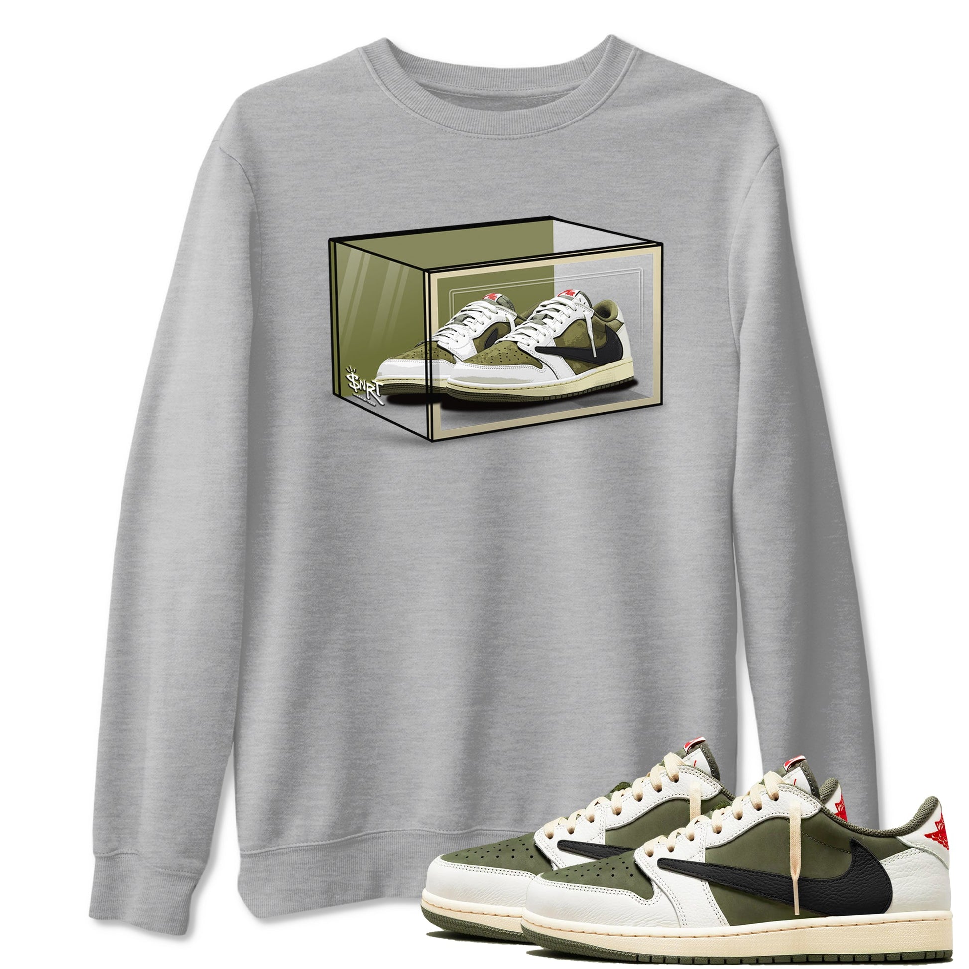 Jordan 1 Olive t shirts to match sneakers Shoe Box sneaker match tees Air Jordan 1 Low x Travis Scott Reverse Olive tee SNRT Sneaker Tees unisex cotton Heather Grey 1 shirts