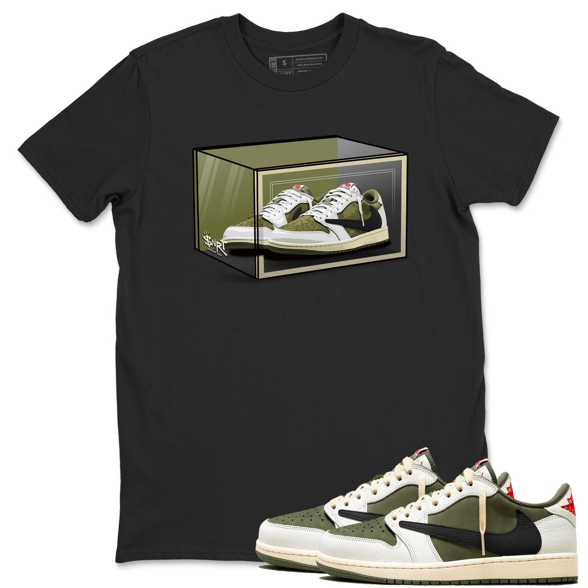 Jordan 1 Olive t shirts to match sneakers Shoe Box sneaker match tees Air Jordan 1 Low x Travis Scott Reverse Olive tee SNRT Sneaker Tees unisex cotton Black 1 shirts