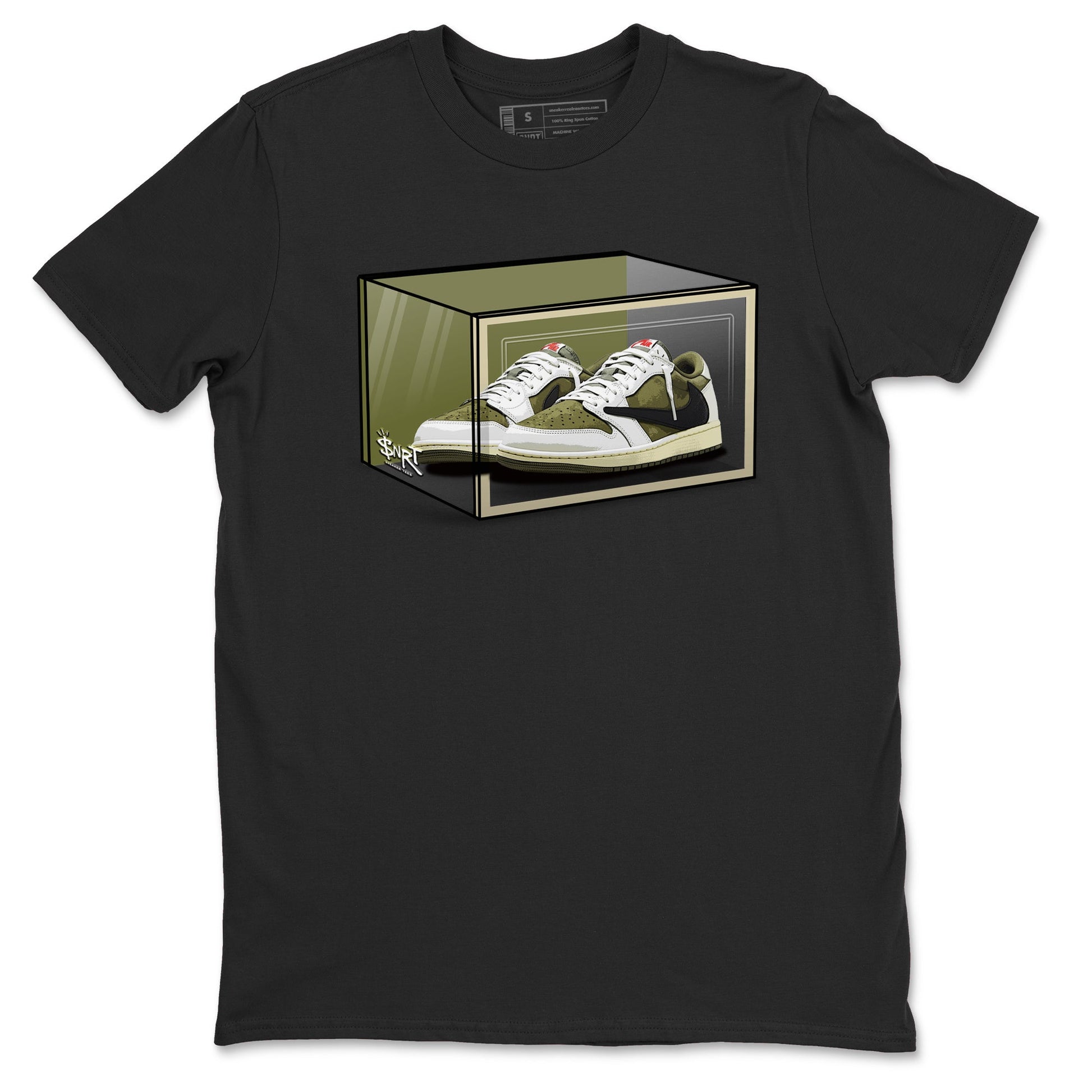 Jordan 1 Olive t shirts to match sneakers Shoe Box sneaker match tees Air Jordan 1 Low x Travis Scott Reverse Olive tee SNRT Sneaker Tees unisex cotton Black 2 shirts