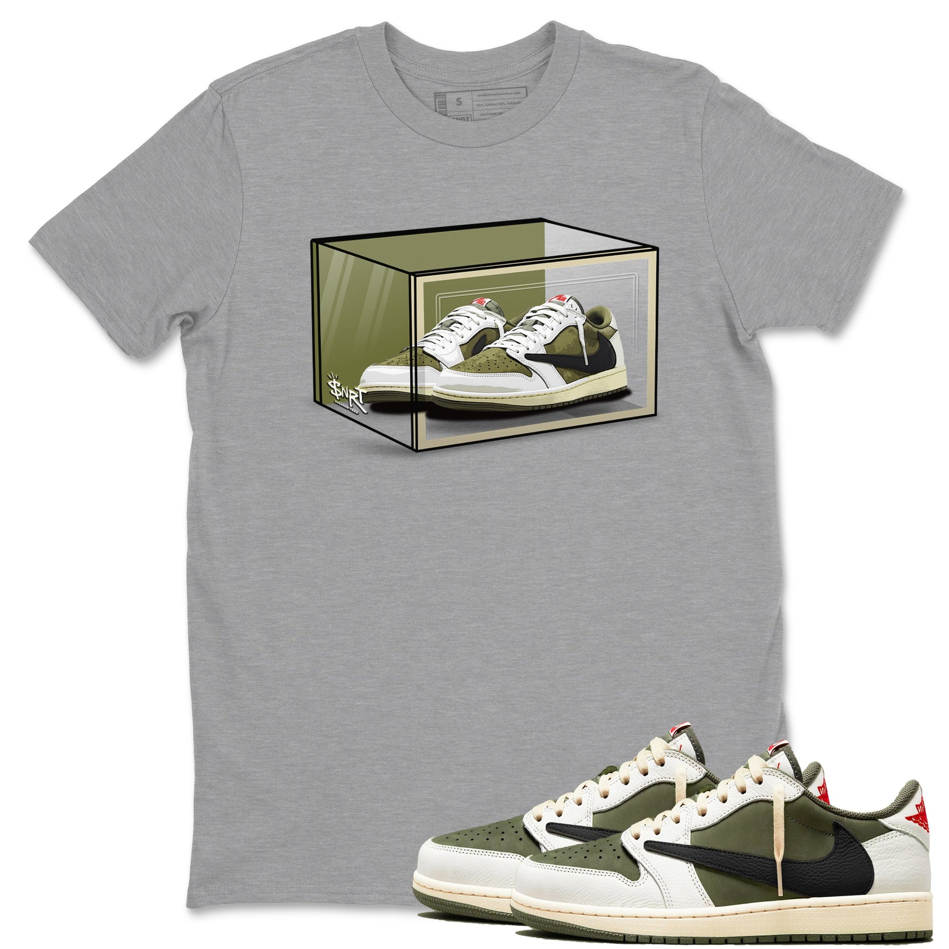 Jordan 1 Olive t shirts to match sneakers Shoe Box sneaker match tees Air Jordan 1 Low x Travis Scott Reverse Olive tee SNRT Sneaker Tees unisex cotton Heather Grey 1 shirts