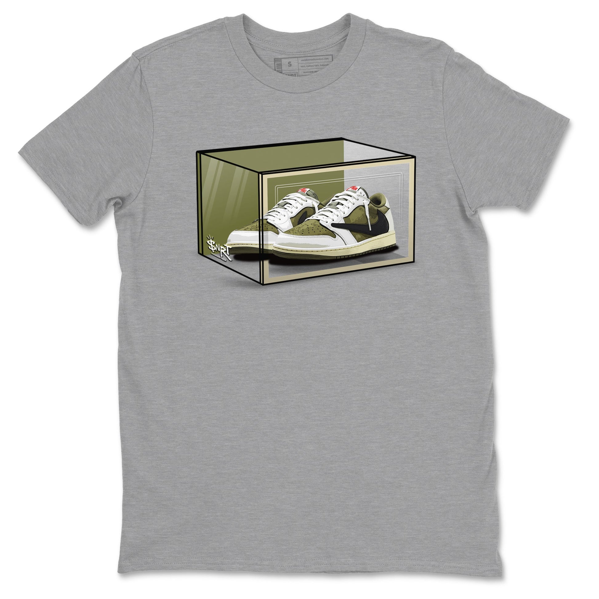 Jordan 1 Olive t shirts to match sneakers Shoe Box sneaker match tees Air Jordan 1 Low x Travis Scott Reverse Olive tee SNRT Sneaker Tees unisex cotton Heather Grey 2 shirts