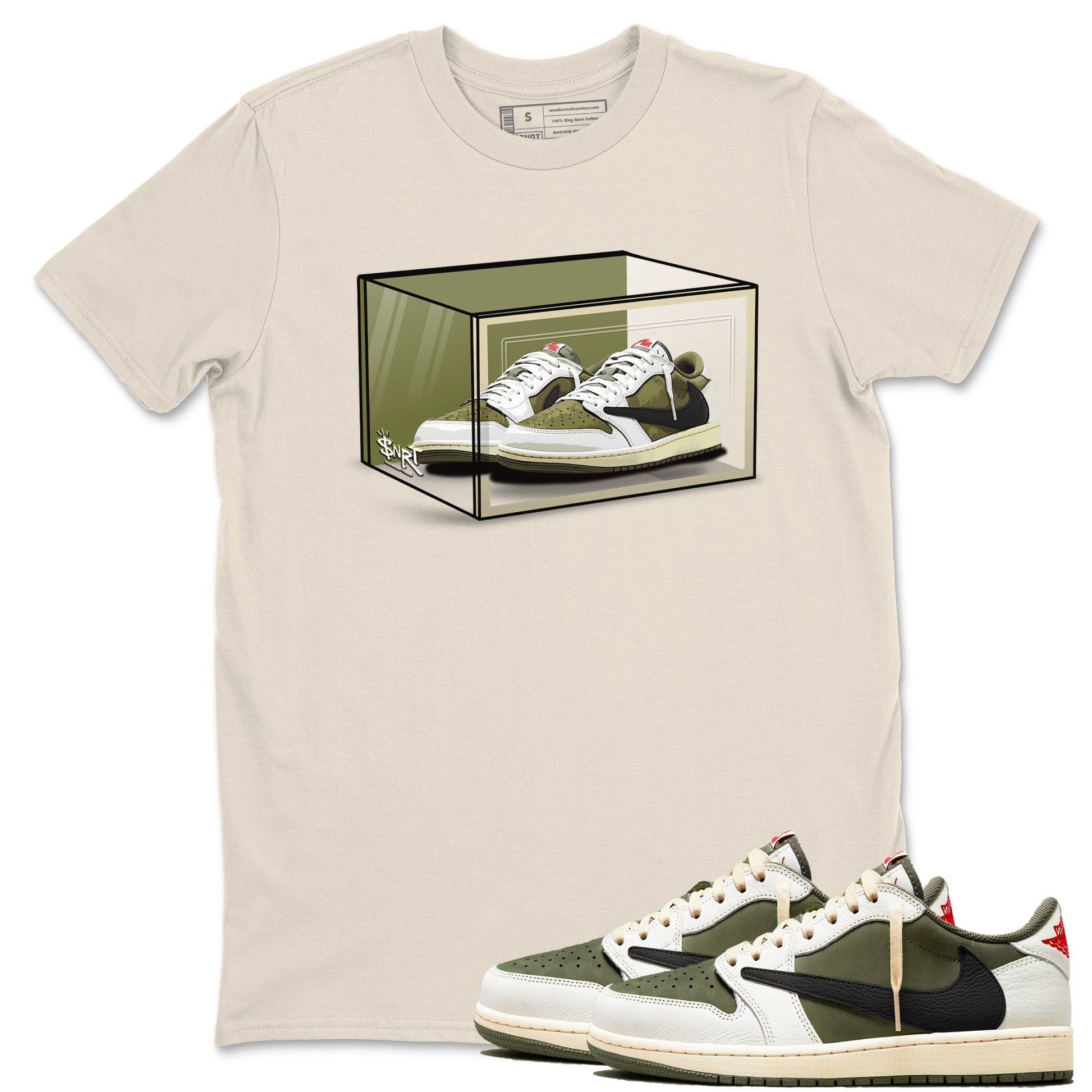 Jordan 1 Olive t shirts to match sneakers Shoe Box sneaker match tees Air Jordan 1 Low x Travis Scott Reverse Olive tee SNRT Sneaker Tees unisex cotton Natural 1 shirts