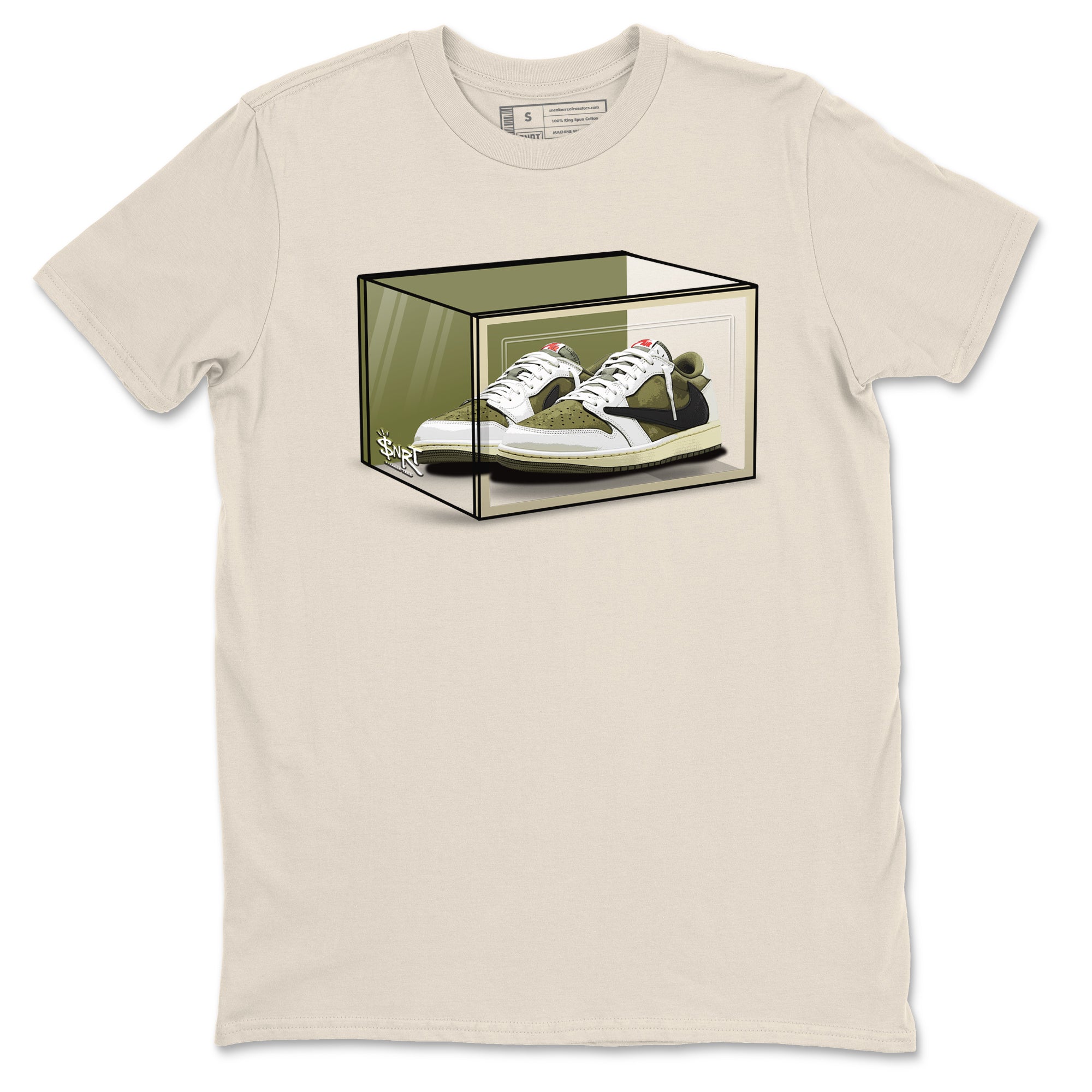 Jordan 1 Olive t shirts to match sneakers Shoe Box sneaker match tees Air Jordan 1 Low x Travis Scott Reverse Olive tee SNRT Sneaker Tees unisex cotton Natural 2 shirts