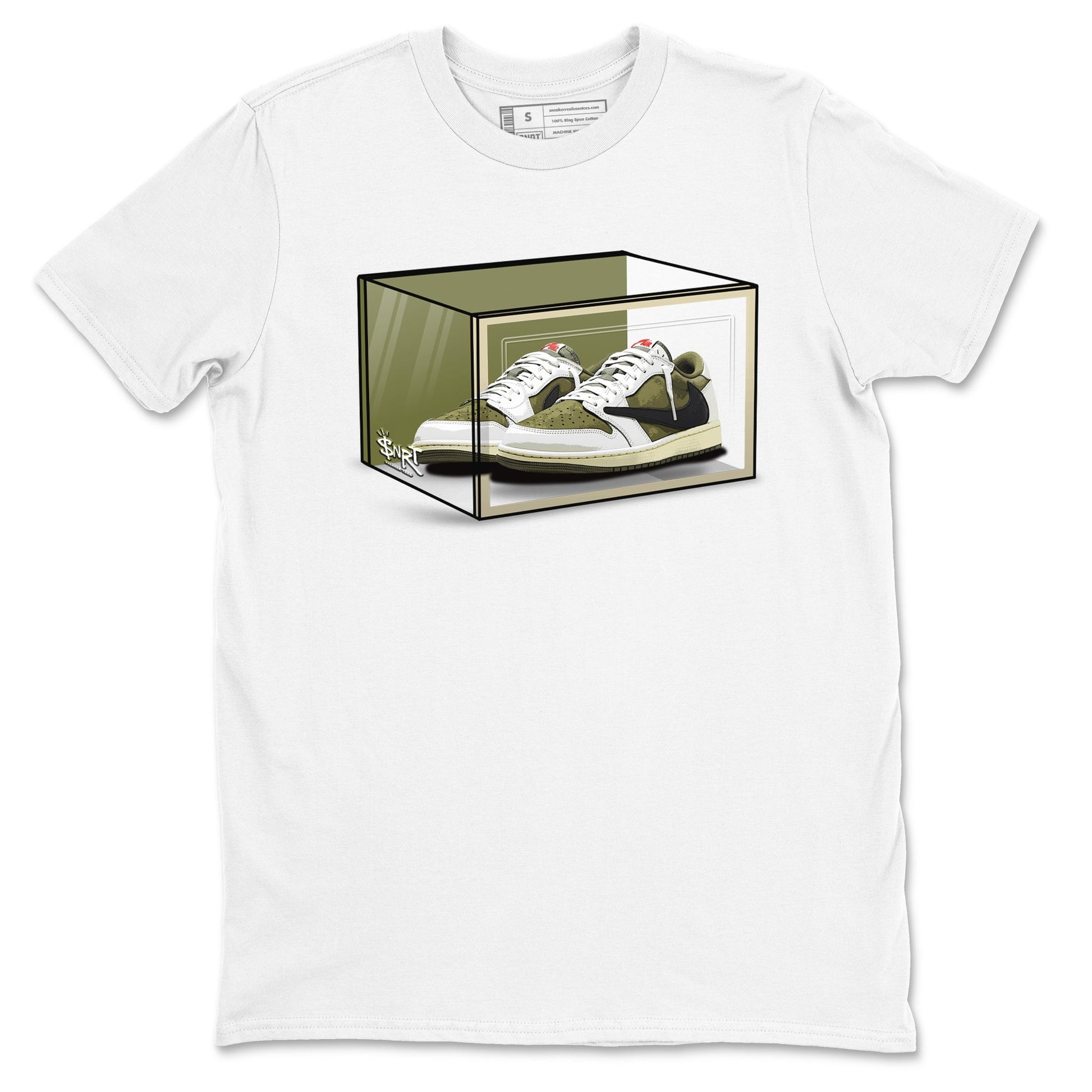 Jordan 1 Olive t shirts to match sneakers Shoe Box sneaker match tees Air Jordan 1 Low x Travis Scott Reverse Olive tee SNRT Sneaker Tees unisex cotton White 2 shirts