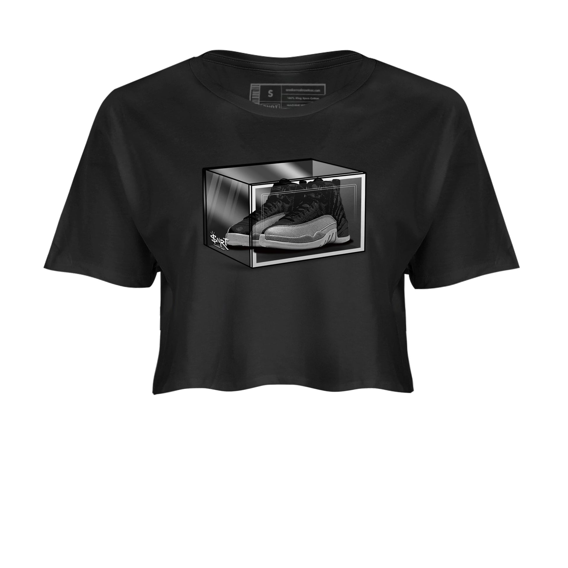 12s Black Wolf Grey shirts to match jordans Shoe Box sneaker match tees Air Jordan 12 Black Wolf Grey match shoes to clothes SNRT Sneaker Tees unisex cotton Black 2 crop tee