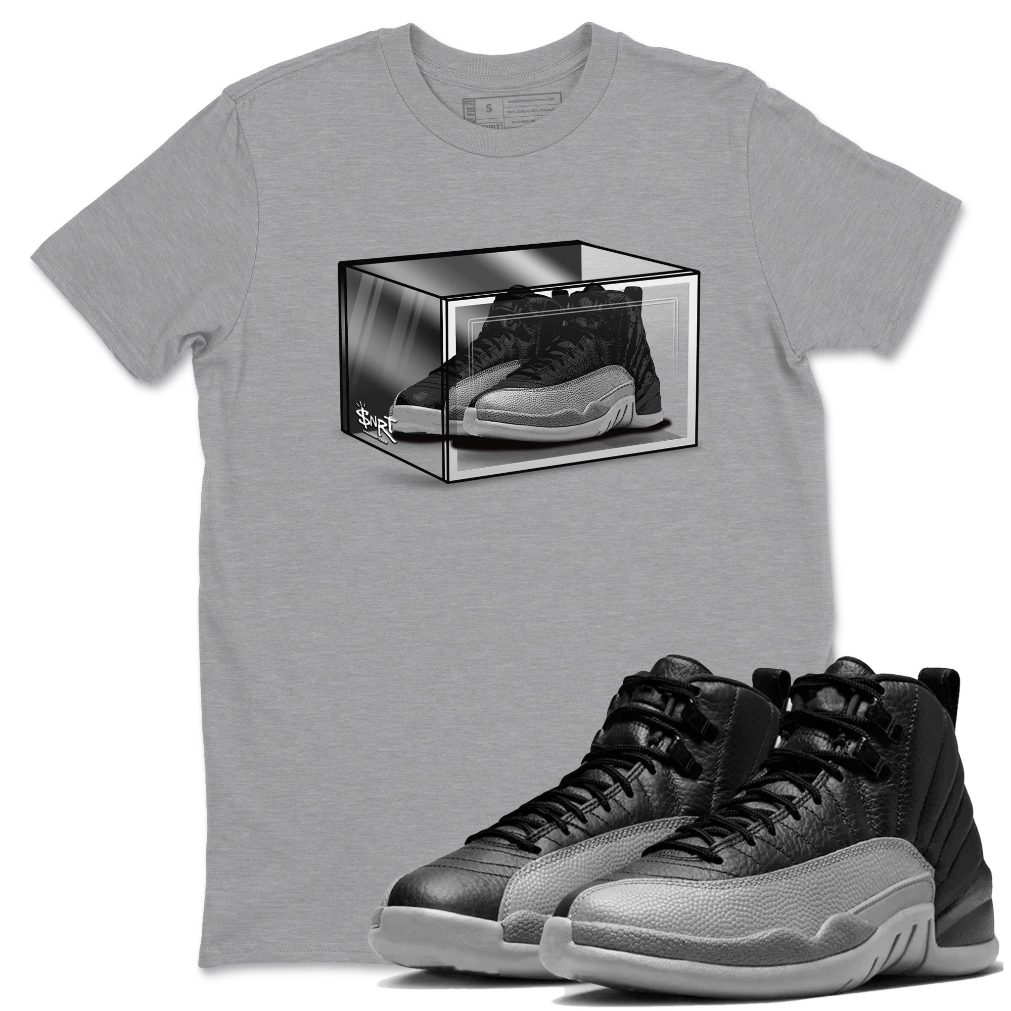 12s Black Wolf Grey shirts to match jordans Shoe Box sneaker match tees Air Jordan 12 Black Wolf Grey match shoes to clothes SNRT Sneaker Tees unisex cotton Heather Grey 1 shirts