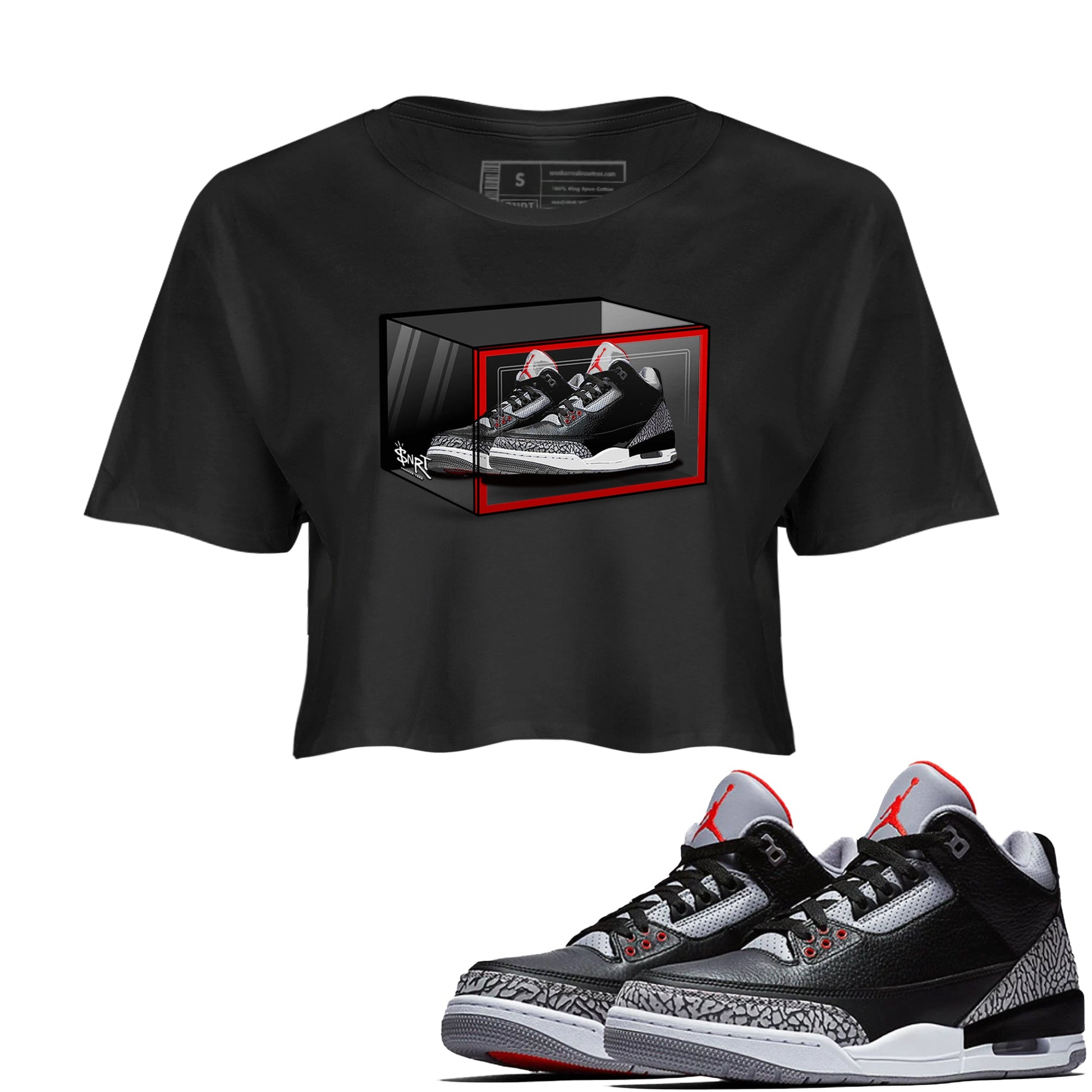 3s Black Cement shirts to match jordans Shoe Box sneaker match tees Air Jordan 3 Retro OG Black Cement match shoes to clothes SNRT Sneaker Tees unisex cotton Black 1 crop tee