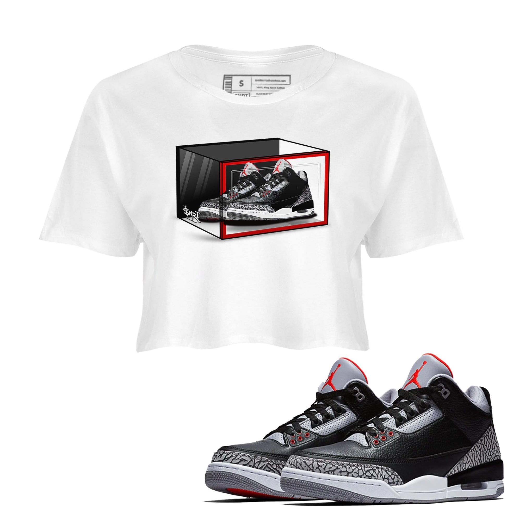 3s Black Cement shirts to match jordans Shoe Box sneaker match tees Air Jordan 3 Retro OG Black Cement match shoes to clothes SNRT Sneaker Tees unisex cotton White 1 crop tee
