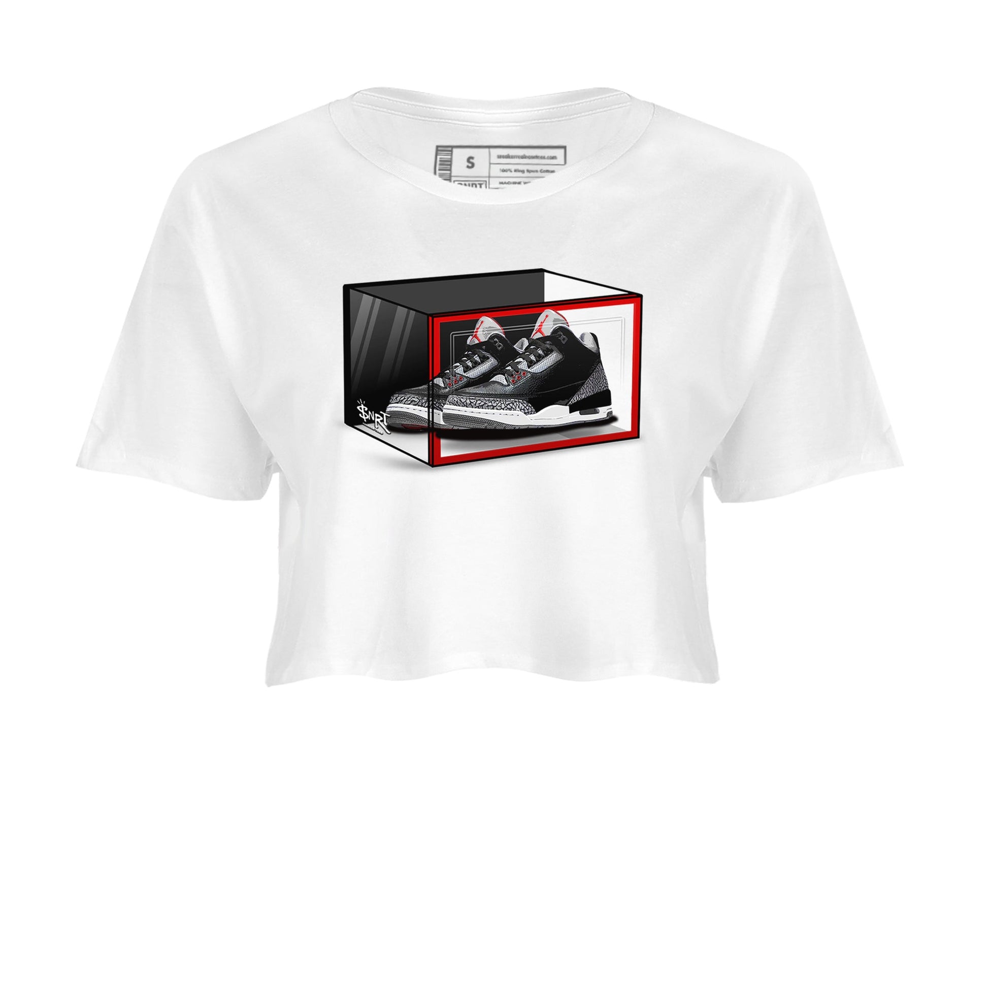 3s Black Cement shirts to match jordans Shoe Box sneaker match tees Air Jordan 3 Retro OG Black Cement match shoes to clothes SNRT Sneaker Tees unisex cotton White 2 crop tee