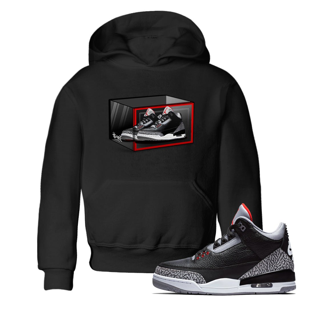 3s Black Cement shirts to match jordans Shoe Box sneaker match tees Air Jordan 3 Retro OG Black Cement match shoes to clothes SNRT Sneaker Tees Youth Baby Black 1 tee