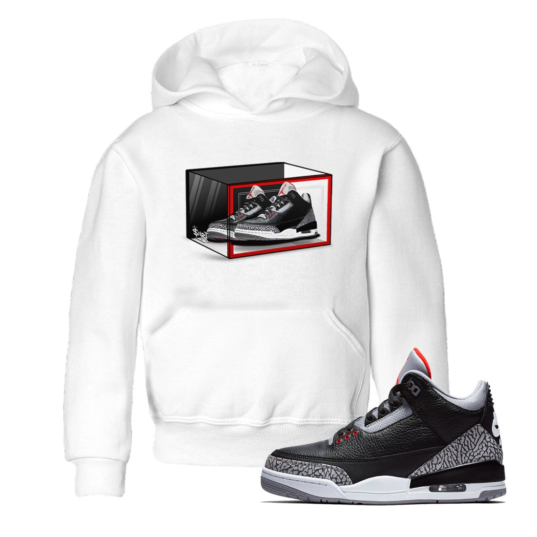 3s Black Cement shirts to match jordans Shoe Box sneaker match tees Air Jordan 3 Retro OG Black Cement match shoes to clothes SNRT Sneaker Tees Youth Baby White 1 tee