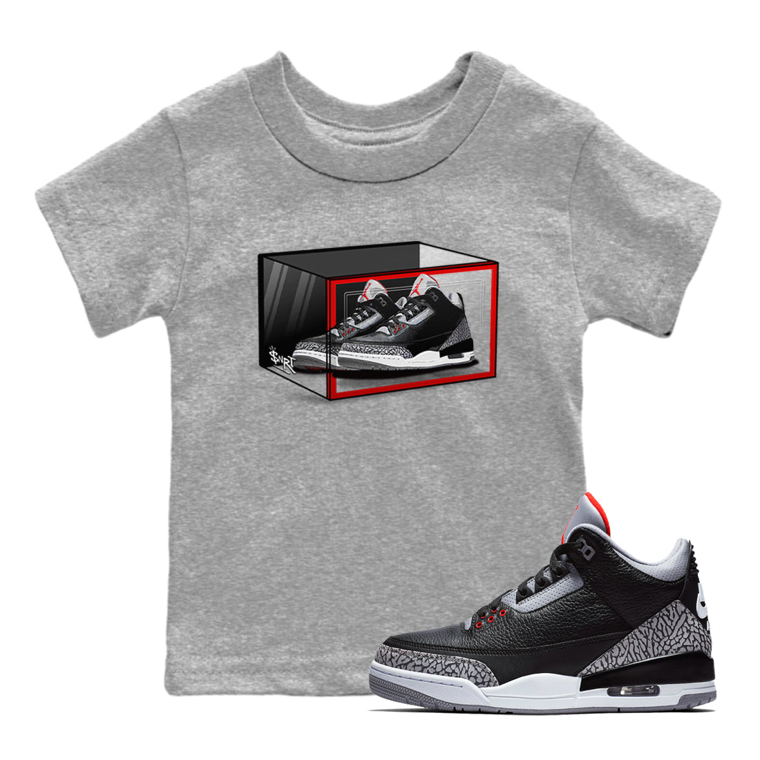 3s Black Cement shirts to match jordans Shoe Box sneaker match tees Air Jordan 3 Retro OG Black Cement match shoes to clothes SNRT Sneaker Tees Youth Baby Heather Grey 1 tee