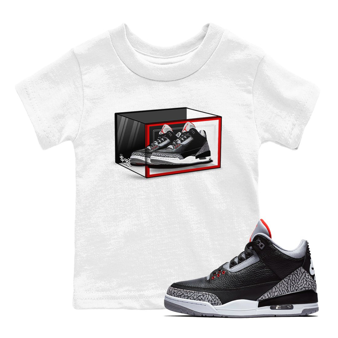 3s Black Cement shirts to match jordans Shoe Box sneaker match tees Air Jordan 3 Retro OG Black Cement match shoes to clothes SNRT Sneaker Tees Youth Baby White 1 tee