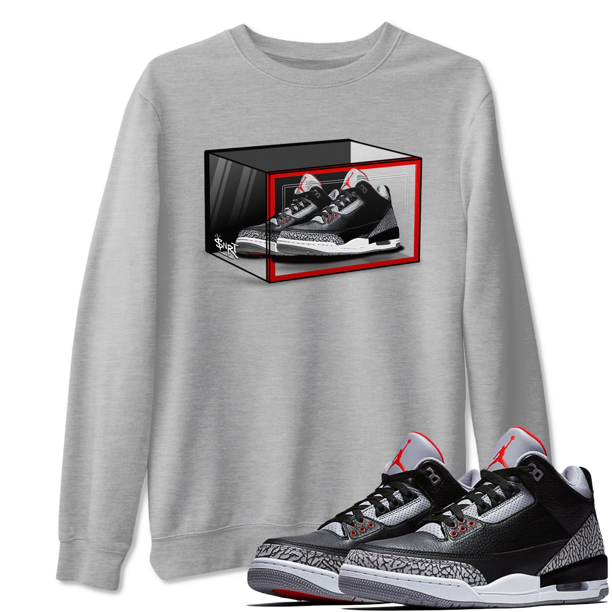 3s Black Cement shirts to match jordans Shoe Box sneaker match tees Air Jordan 3 Retro OG Black Cement match shoes to clothes SNRT Sneaker Tees unisex cotton Heather Grey 1 shirts