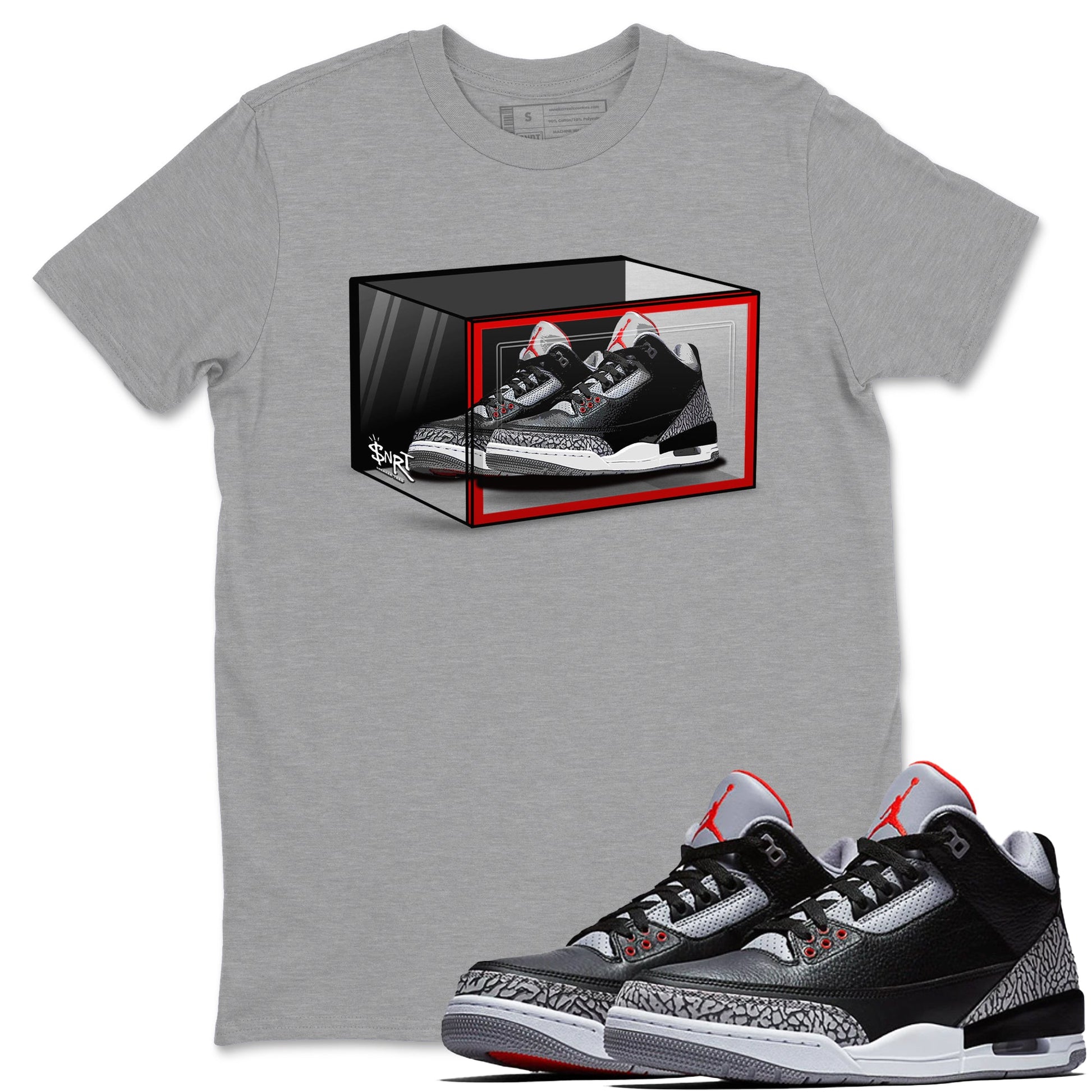 3s Black Cement shirts to match jordans Shoe Box sneaker match tees Air Jordan 3 Retro OG Black Cement match shoes to clothes SNRT Sneaker Tees unisex cotton Heather Grey 1 shirts