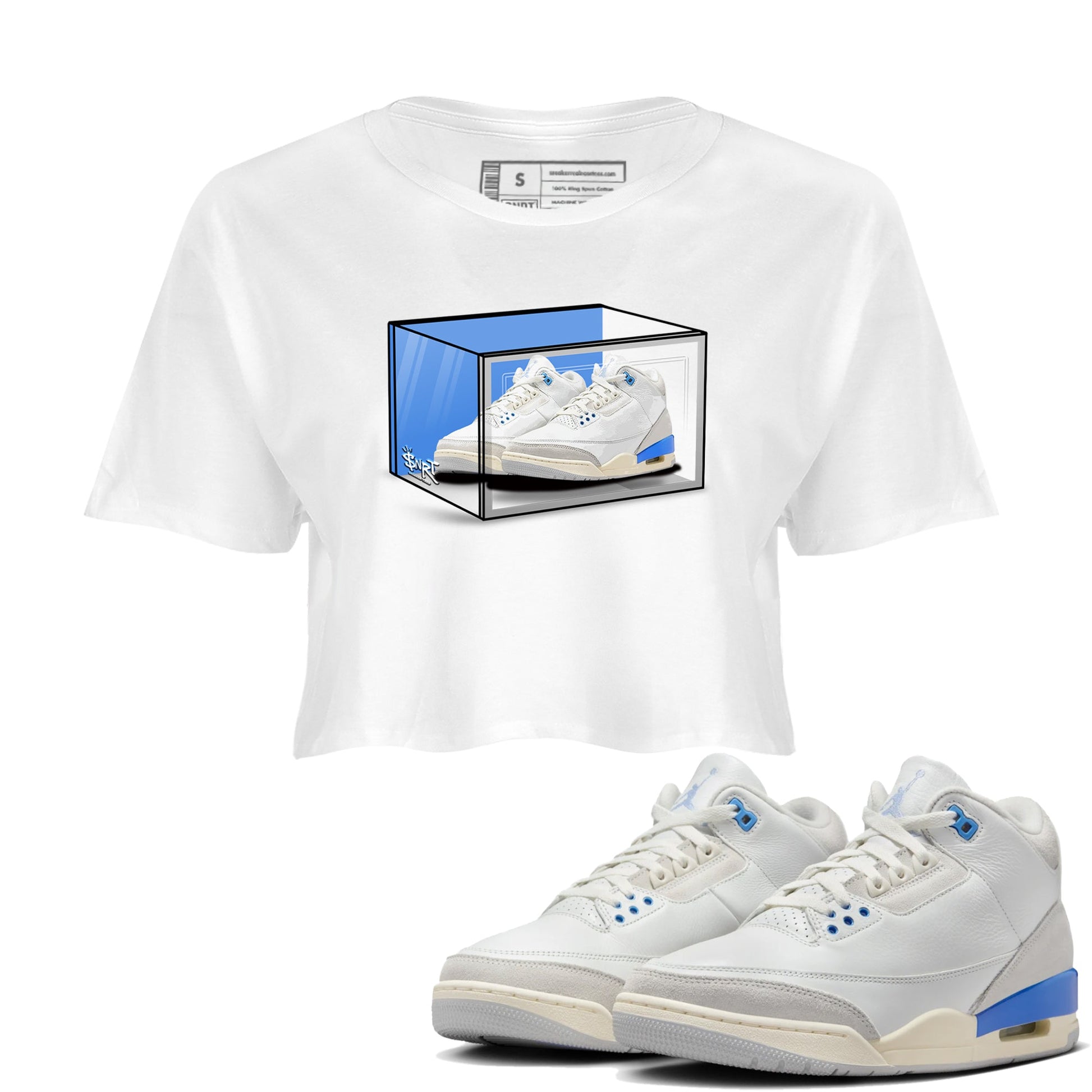 Air Jordan 3 Lucky Shorts shirts to match jordans Shoe Box sneaker match tees Air Jordan 3 Retro Lucky Shorts match shoes to clothes SNRT Sneaker Tees unisex cotton White 1 crop tee