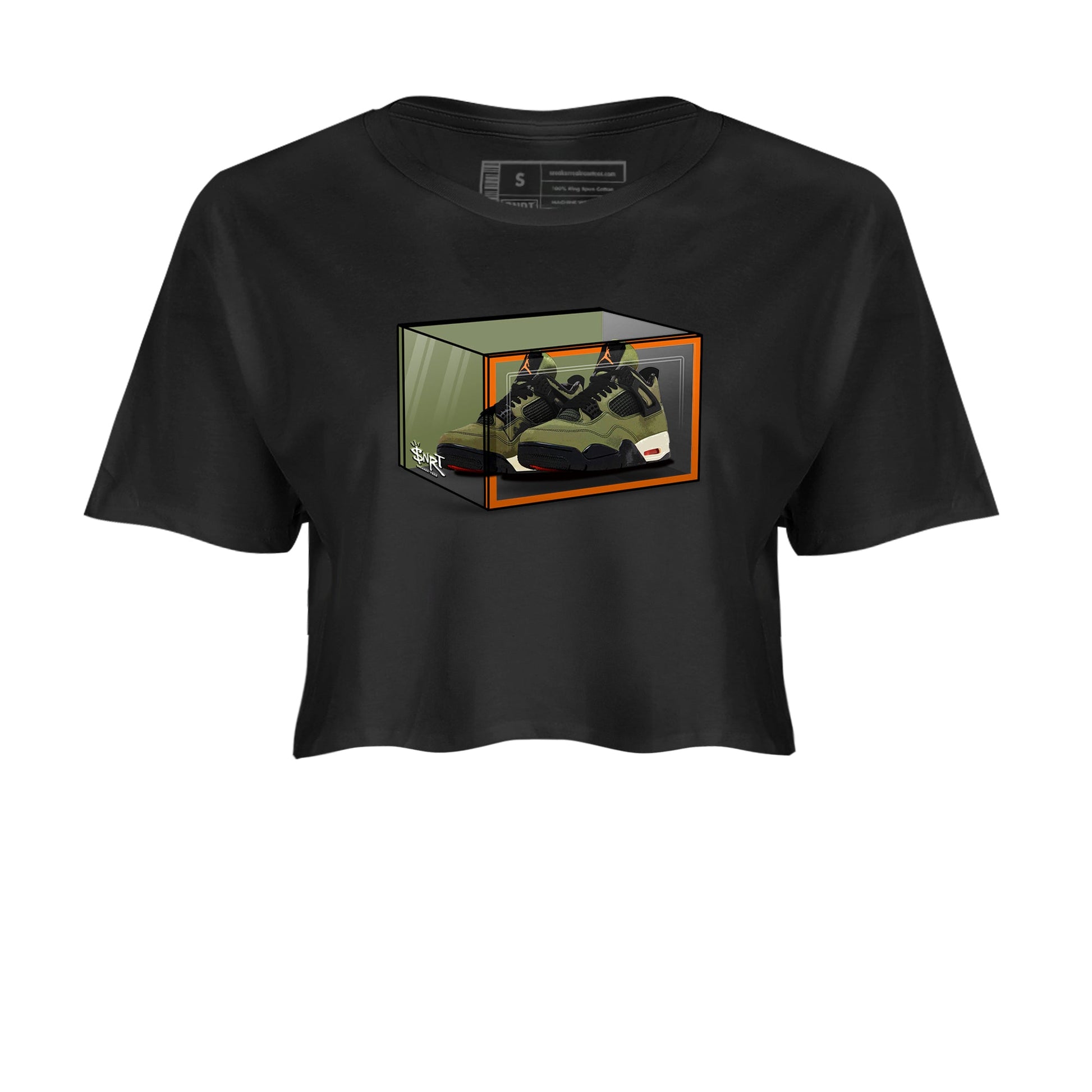 Sneaker match tees – Sneaker Tees To Match Undefeated inspired colorways Air Jordan 4 OG Olive Shoes  – Shoe Box Crop T-Shirt Black 2