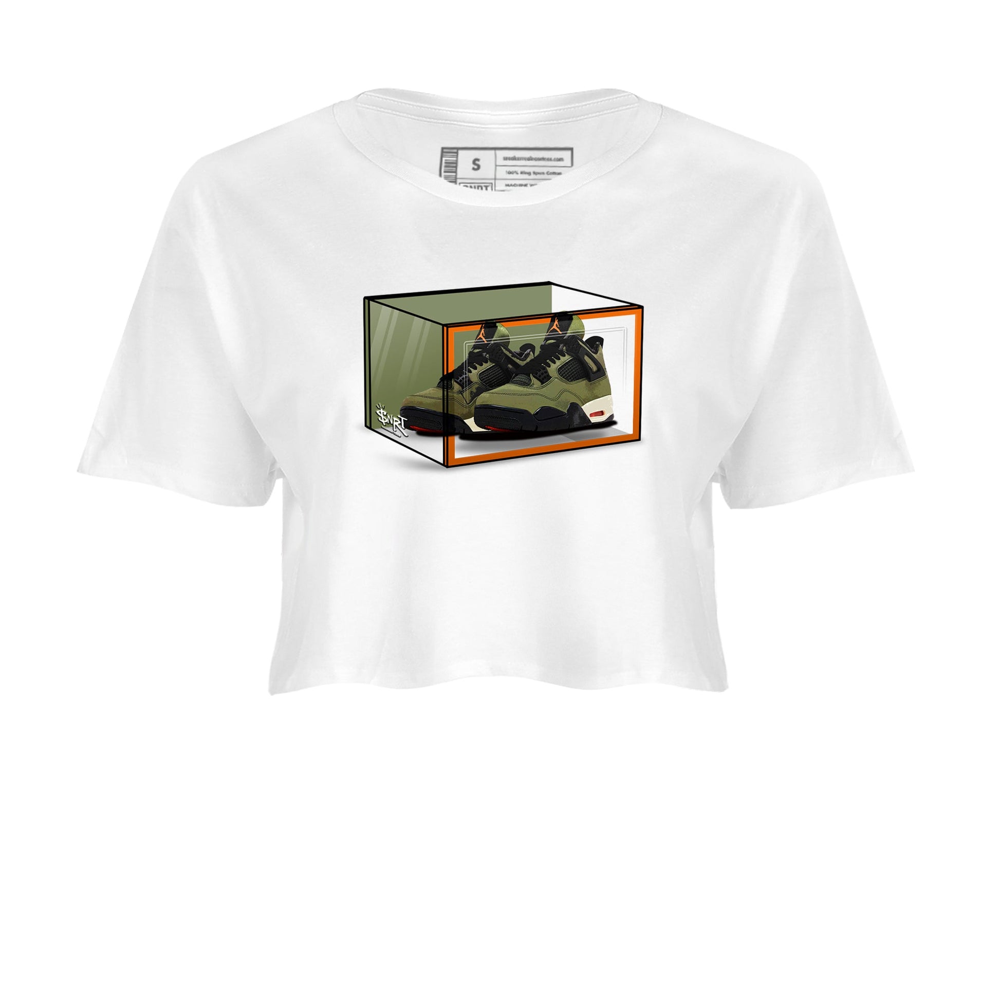 Sneaker match tees – Sneaker Tees To Match Undefeated inspired colorways Air Jordan 4 OG Olive Shoes  – Shoe Box Crop T-Shirt White 2