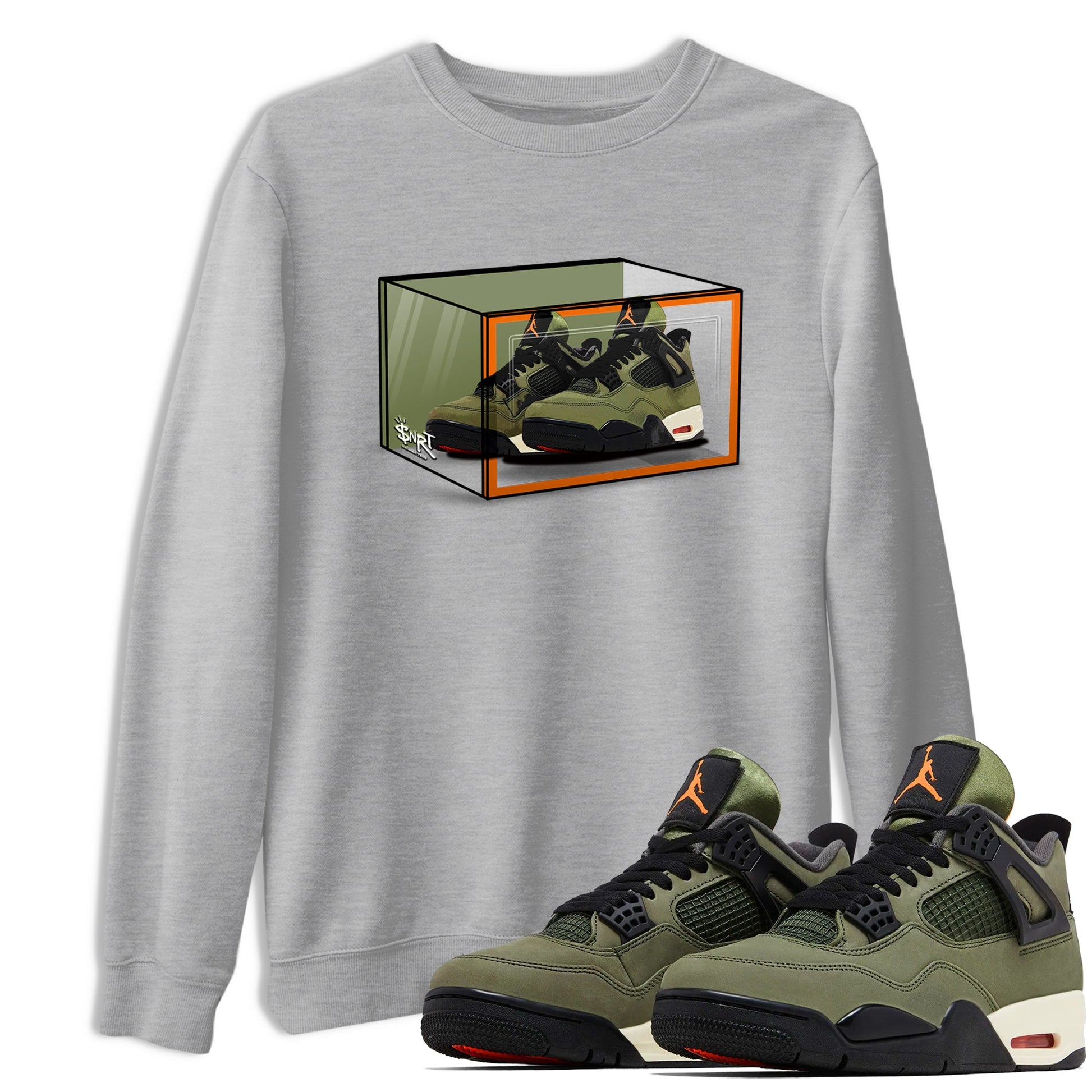 Sneaker match tees – Sneaker Tees To Match Undefeated inspired colorways Air Jordan 4 OG Olive Shoes  – Shoe Box Tee Heather Grey 1