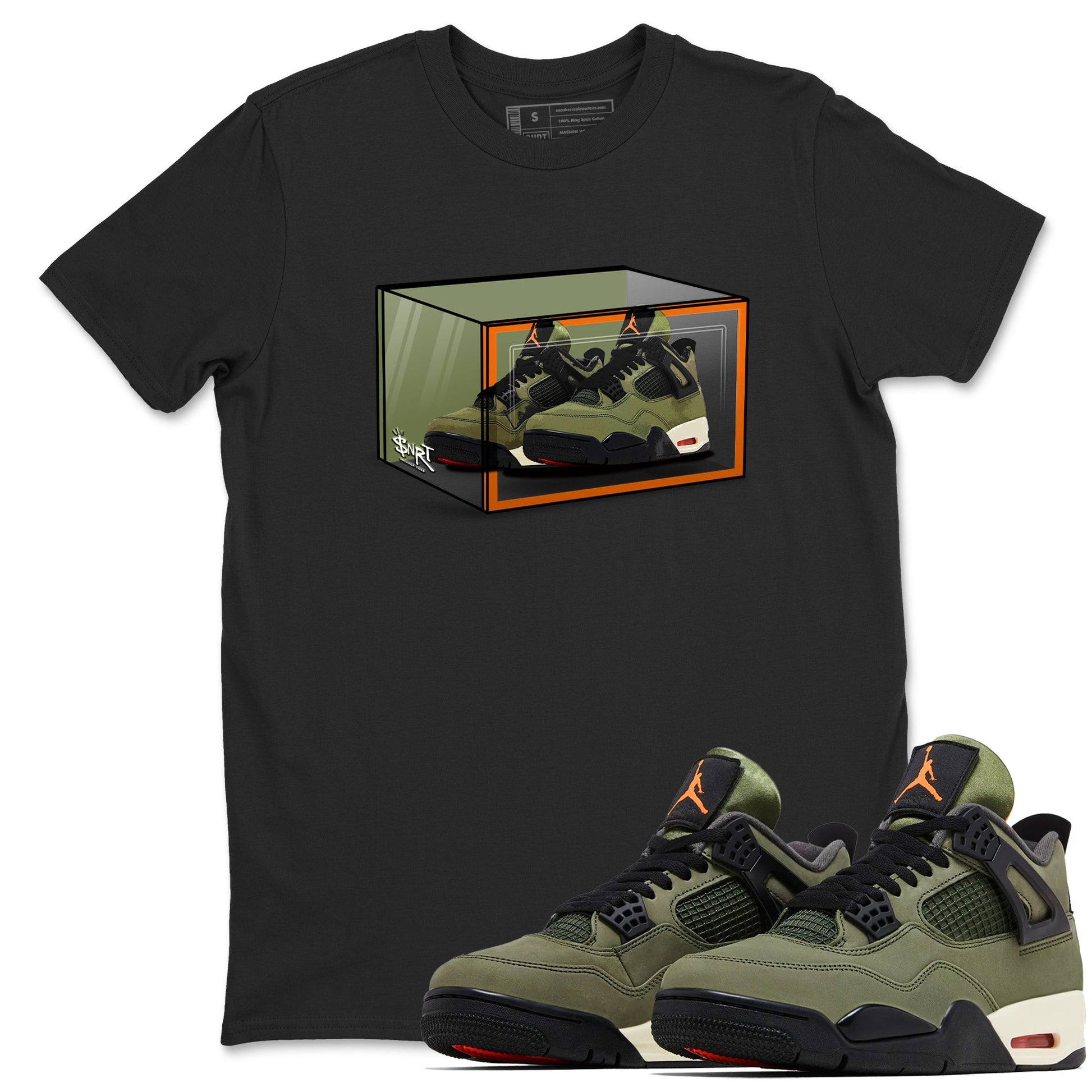Sneaker match tees – Sneaker Tees To Match Undefeated inspired colorways Air Jordan 4 OG Olive Shoes  – Shoe Box Tee Black 1