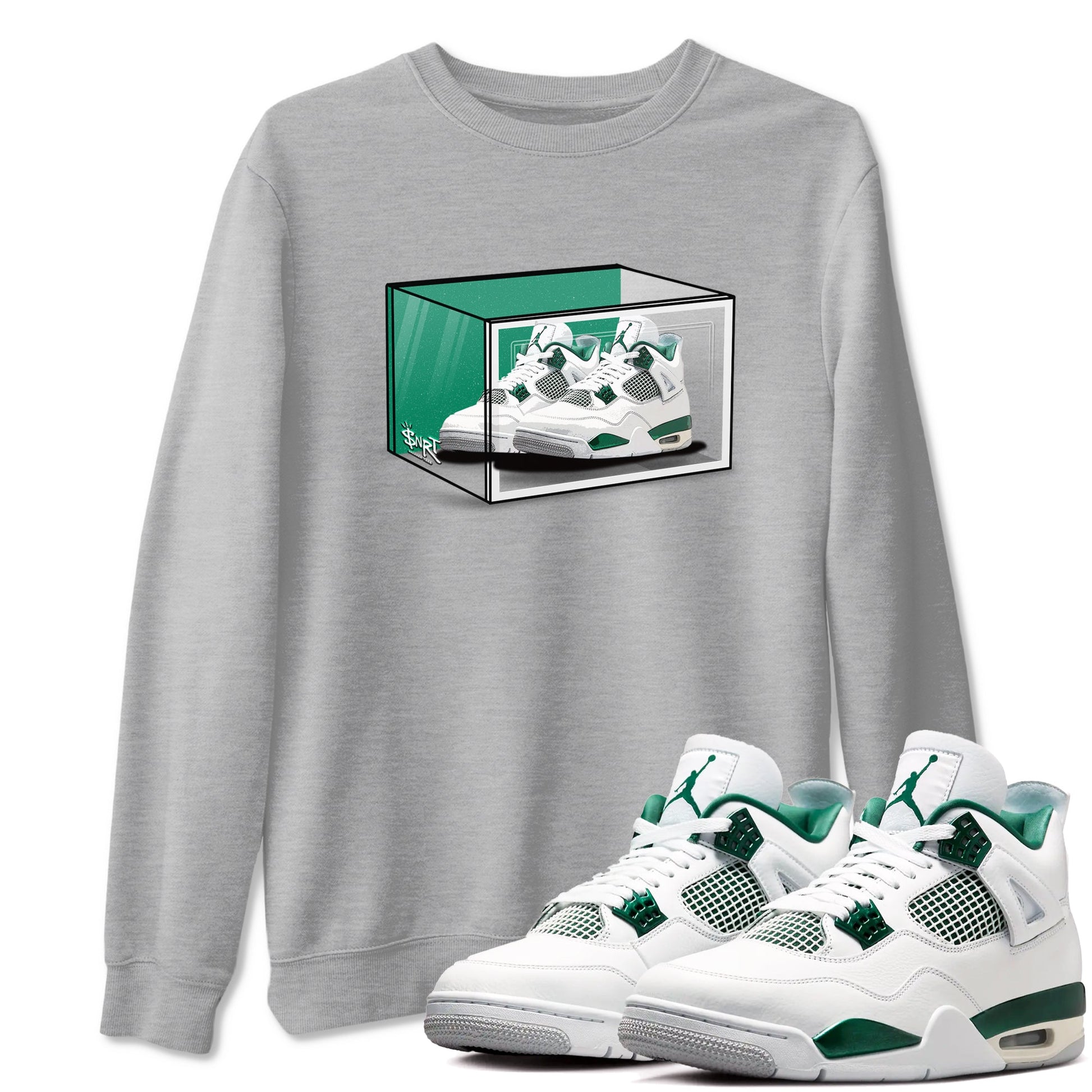 4s Oxidized Green shirts to match jordans Shoe Box sneaker match tees Air Jordan 4 Oxidized Green SNRT Sneaker Tees streetwear brand Heather Grey 1 unisex cotton tee