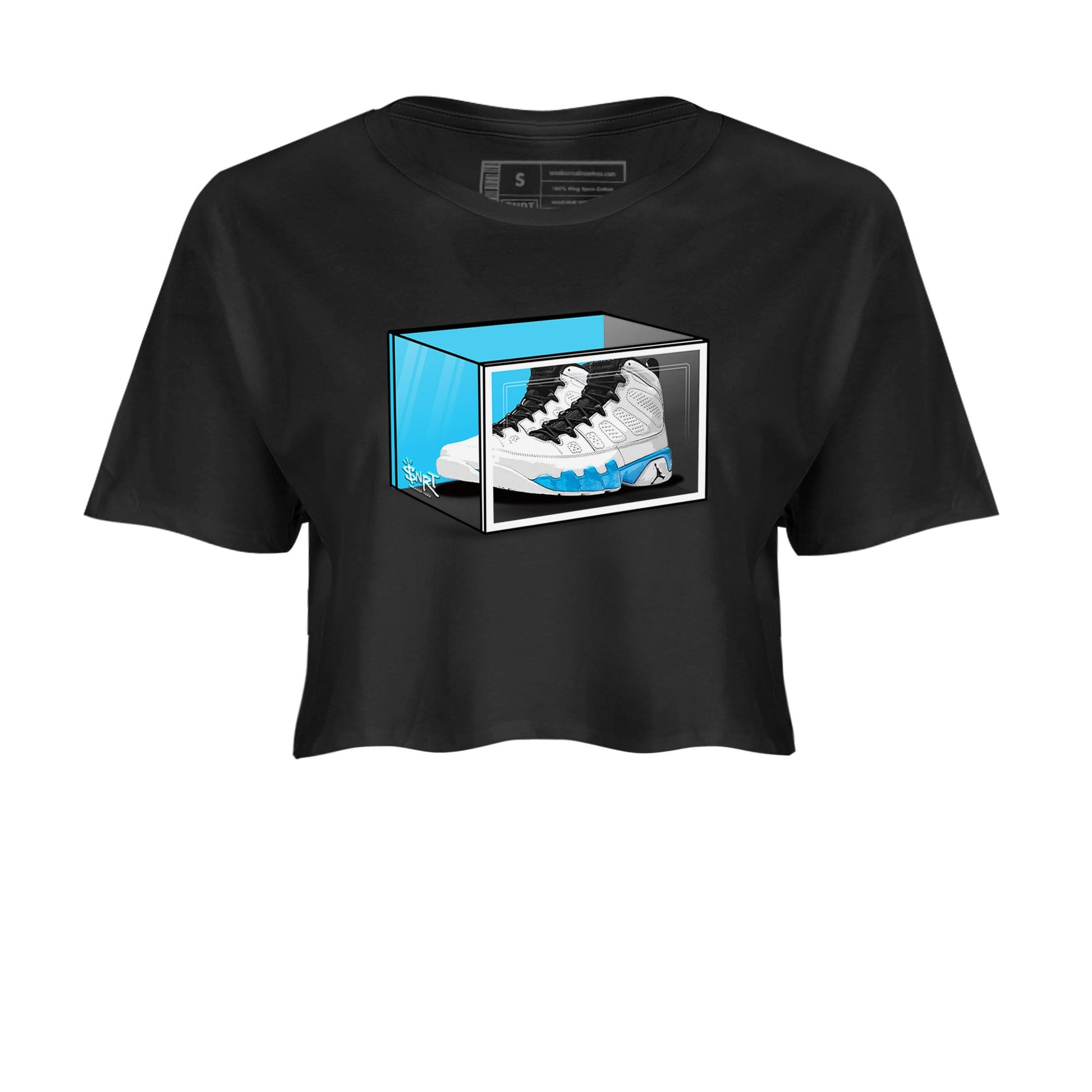 AJ9 Powder Blue shirt to match jordans Shoe Box sneaker tees Air Jordan 9 Retro Powder Blue SNRT Sneaker Release Tees Black 2 crop length shirt