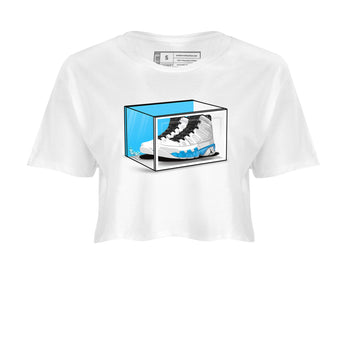 AJ9 Powder Blue shirt to match jordans Shoe Box sneaker tees Air Jordan 9 Retro Powder Blue SNRT Sneaker Release Tees White 2 crop length shirt