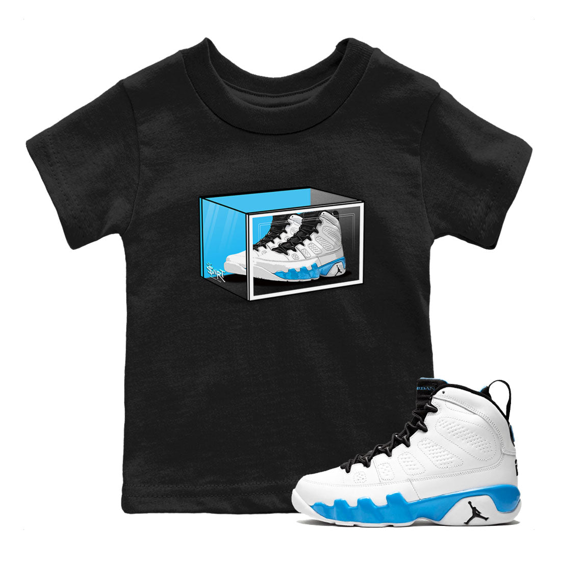 AJ9 Powder Blue shirt to match jordans Shoe Box sneaker tees Air Jordan 9 Retro Powder Blue SNRT sneaker release tees baby toddler Black 1 cotton Shirt