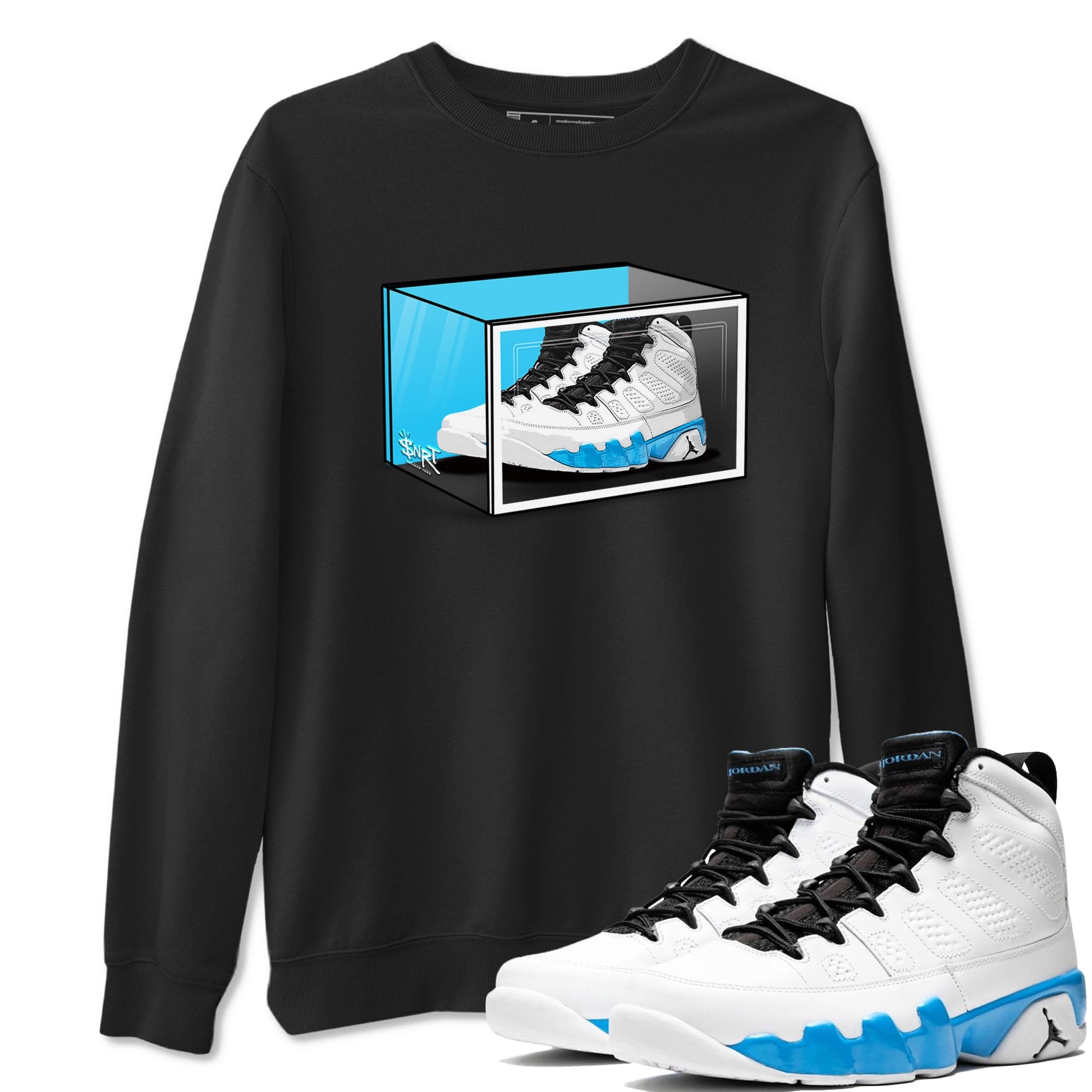 AJ9 Powder Blue shirt to match jordans Shoe Box sneaker tees Air Jordan 9 Retro Powder Blue SNRT Sneaker Release Tees unisex cotton Black 1 crew neck shirt