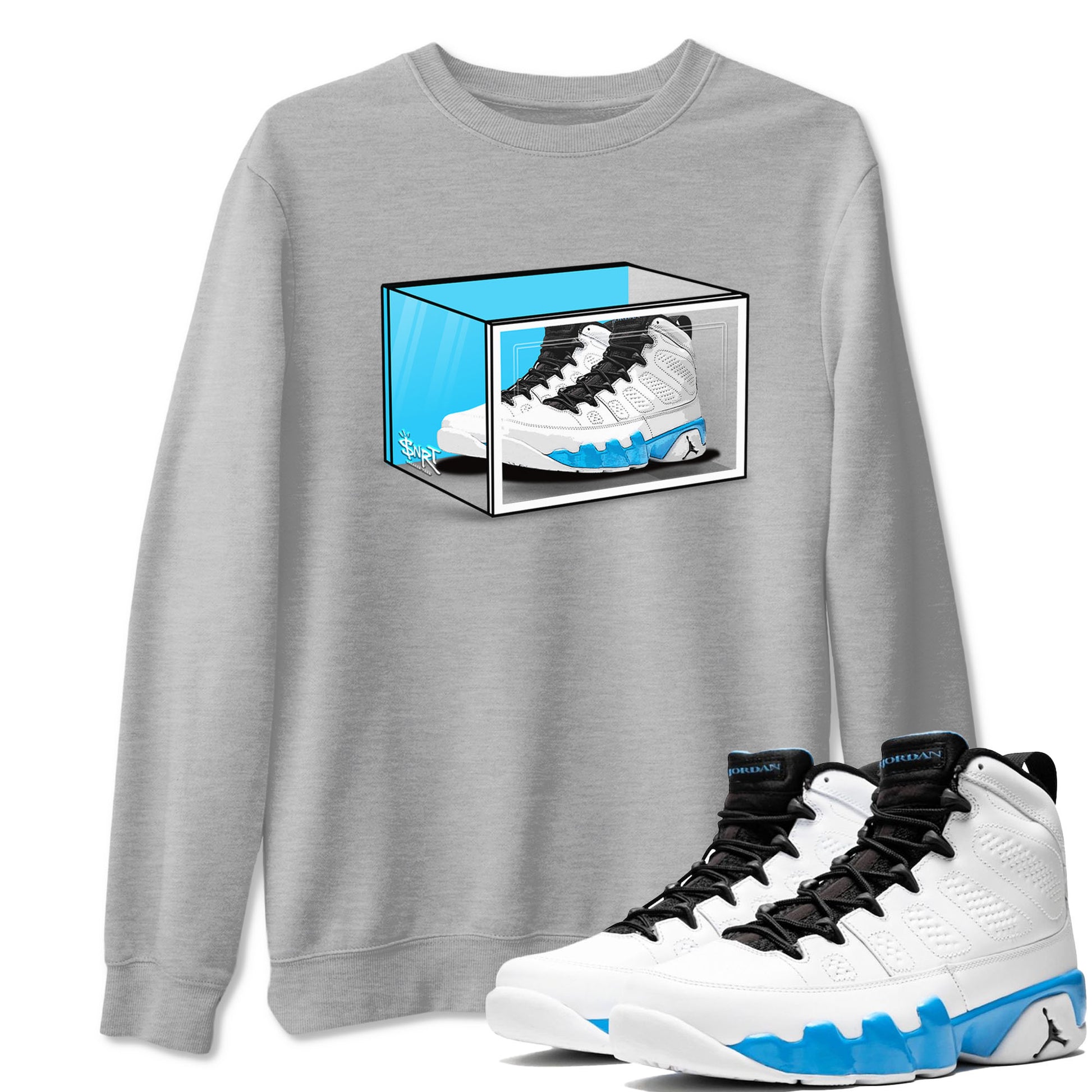 AJ9 Powder Blue shirt to match jordans Shoe Box sneaker tees Air Jordan 9 Retro Powder Blue SNRT Sneaker Release Tees unisex cotton Heather Grey 1 crew neck shirt