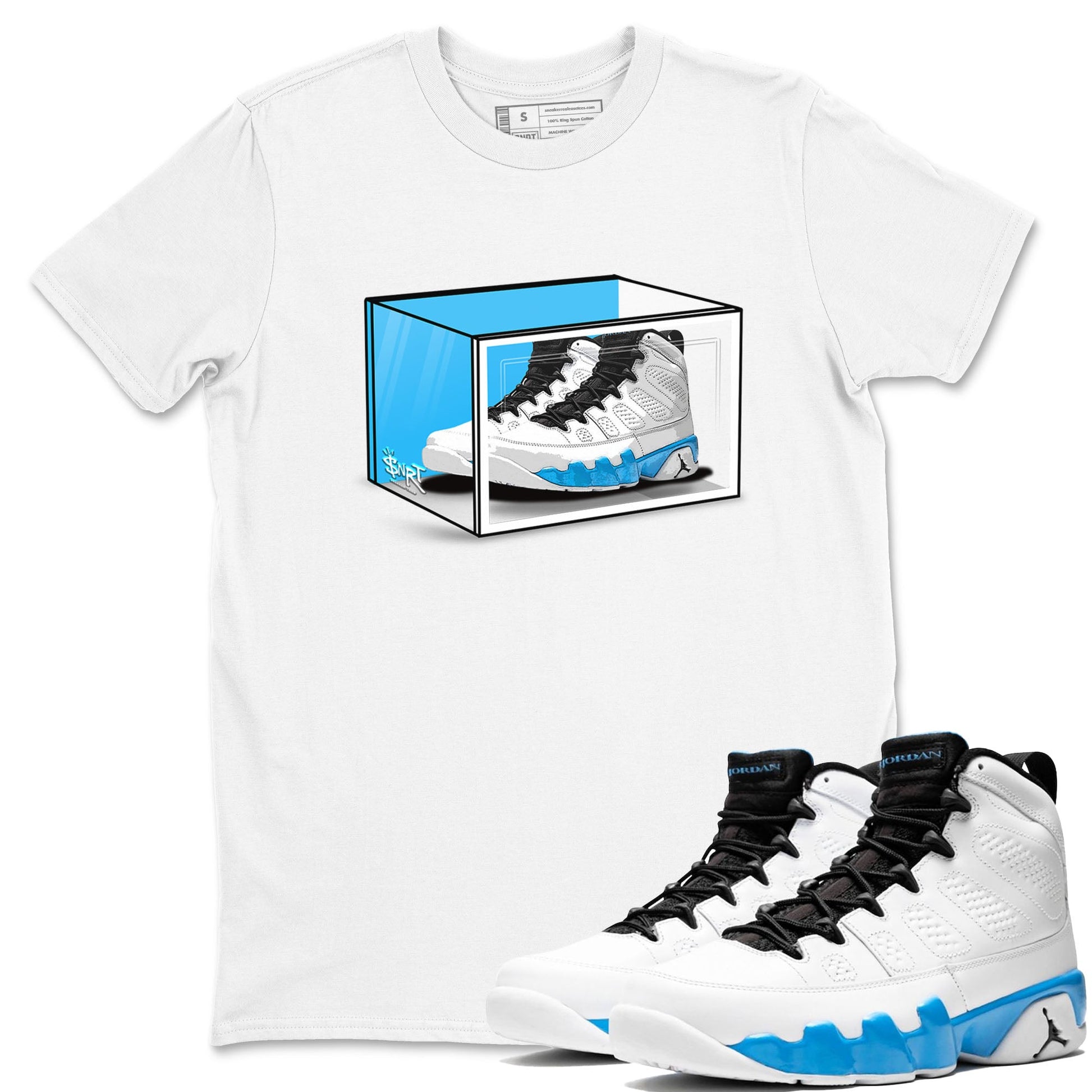 AJ9 Powder Blue shirt to match jordans Shoe Box sneaker tees Air Jordan 9 Retro Powder Blue SNRT Sneaker Release Tees unisex cotton White 1 crew neck shirt