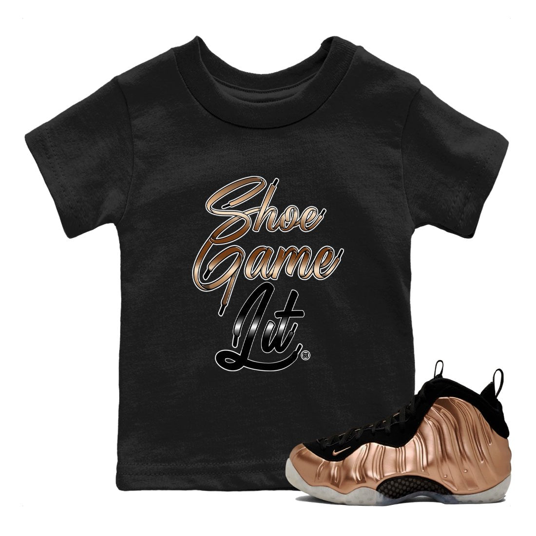 Foams One Metallic Copper shirts to match jordans Shoe Game Lit Shoe Lace sneaker match tees Air Foamposite One Metallic Copper match shoes to clothes SNRT Sneaker Tees Youth Baby Black 1 tee