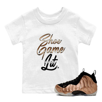 Foams One Metallic Copper shirts to match jordans Shoe Game Lit Shoe Lace sneaker match tees Air Foamposite One Metallic Copper match shoes to clothes SNRT Sneaker Tees Youth Baby White 1 tee