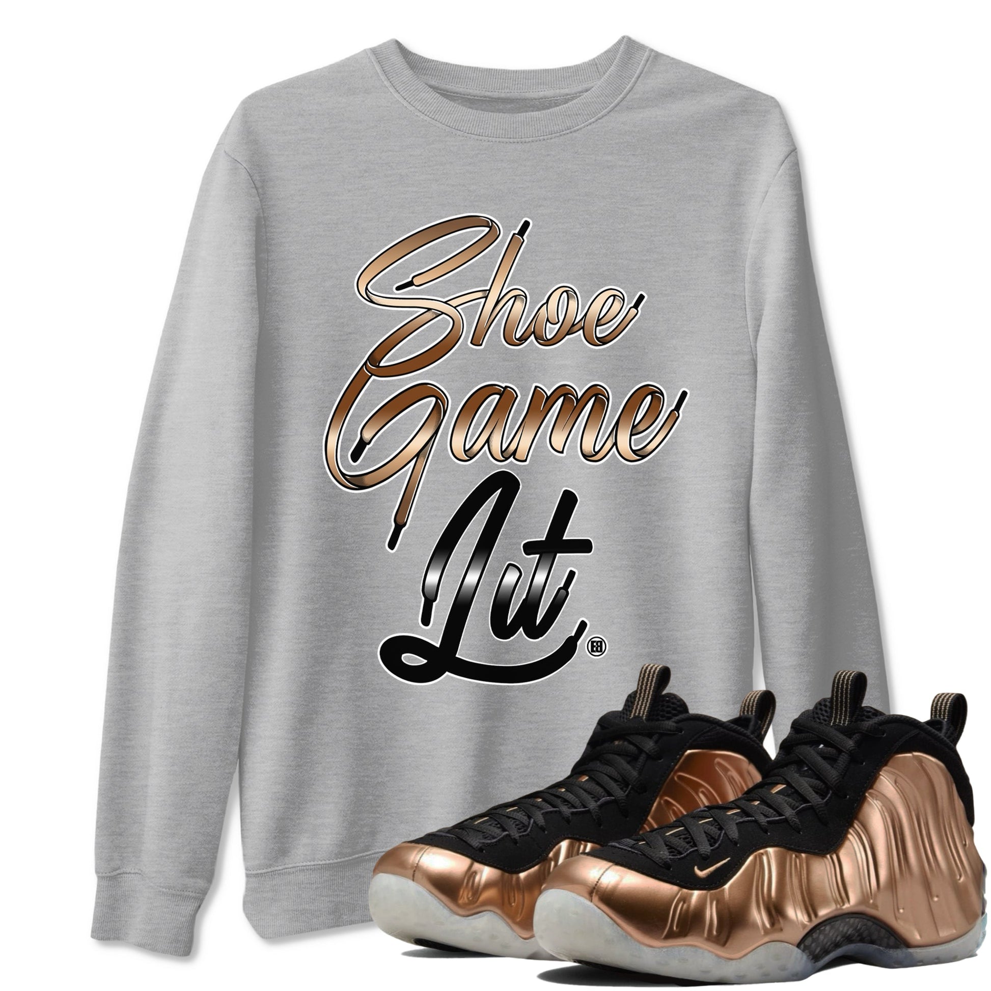 Foams One Metallic Copper shirts to match jordans Shoe Game Lit Shoe Lace sneaker match tees Air Foamposite One Metallic Copper match shoes to clothes SNRT Sneaker Tees unisex cotton Heather Grey 1 shirts