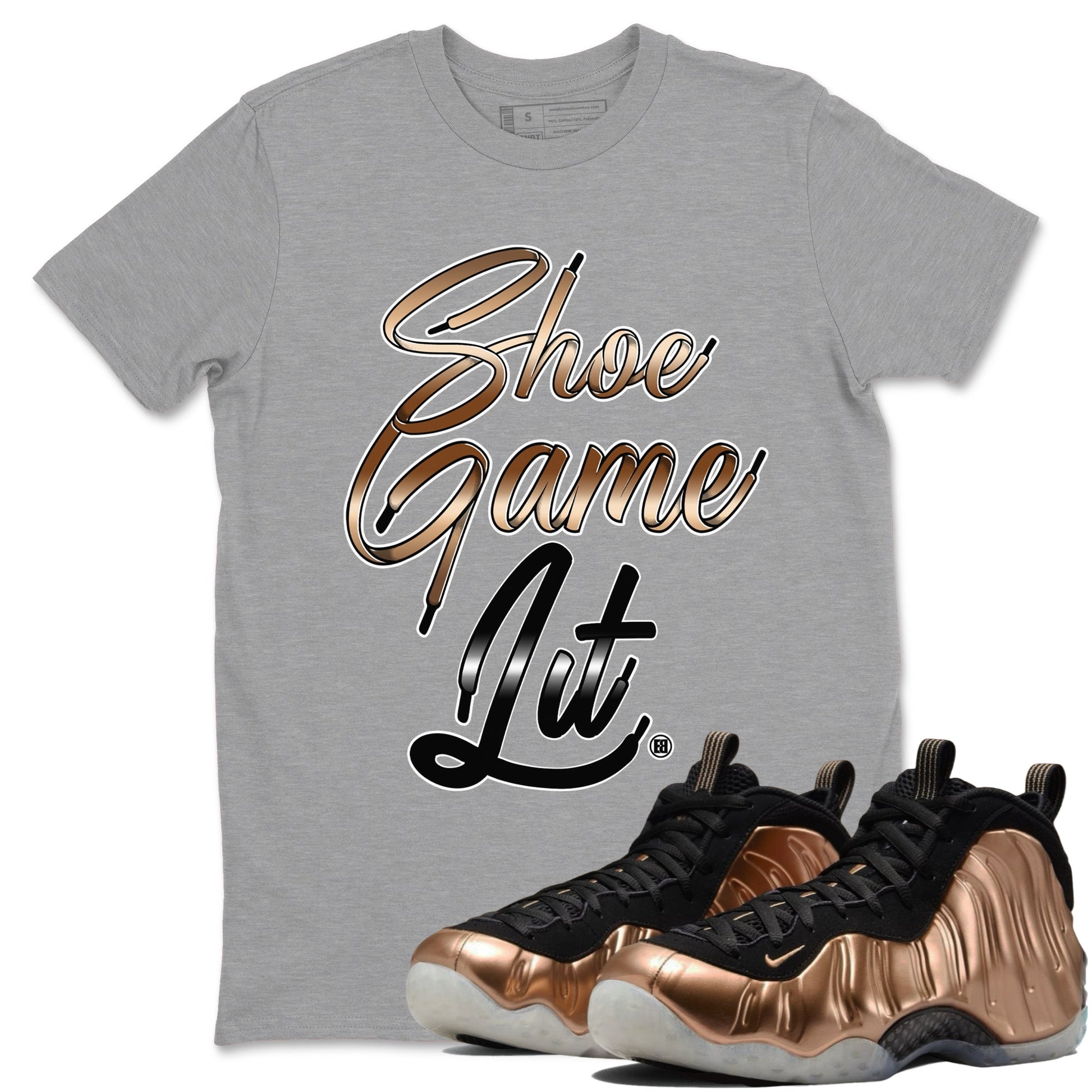 Foams One Metallic Copper shirts to match jordans Shoe Game Lit Shoe Lace sneaker match tees Air Foamposite One Metallic Copper match shoes to clothes SNRT Sneaker Tees unisex cotton Heather Grey 1 shirts