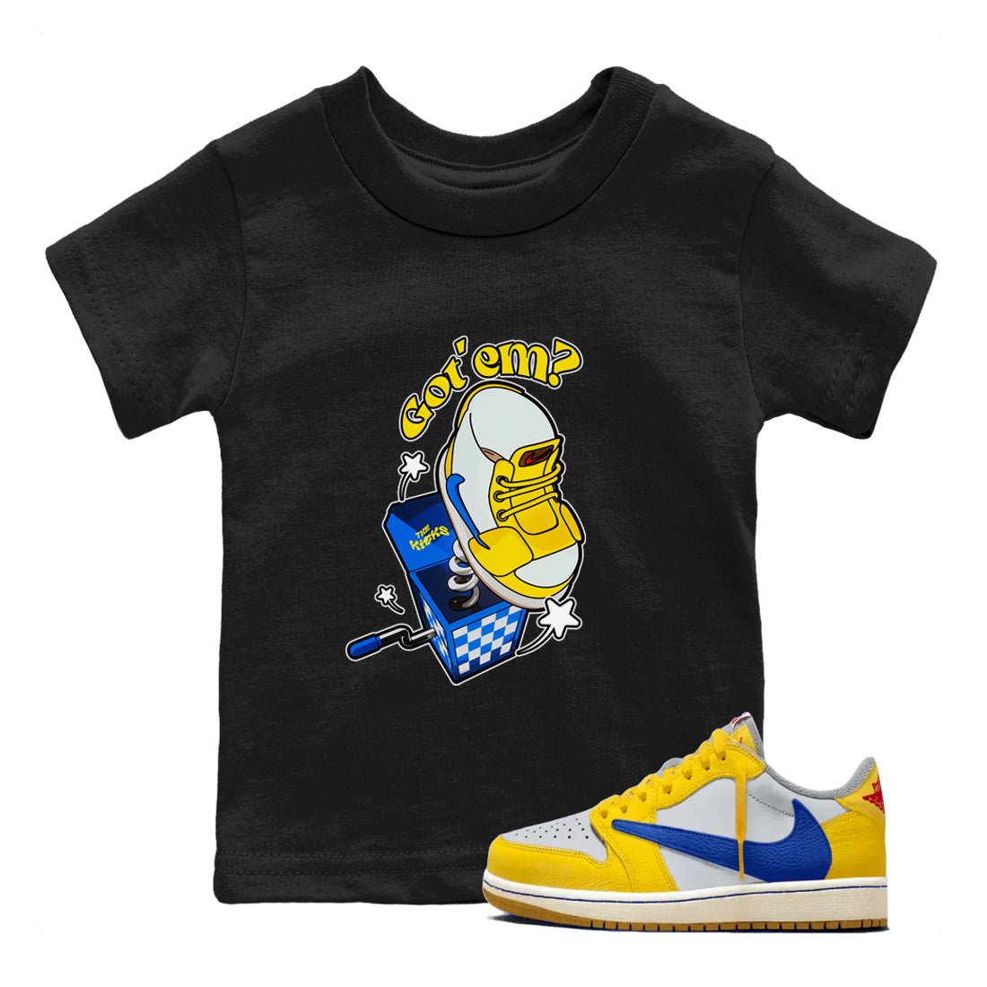 1s Travis Scott Canary shirt to match jordans Shoe In The Box sneaker tees Air Jordan 1 Travis Scott Canary SNRT sneaker release tees baby toddler Black 1 cotton Shirt