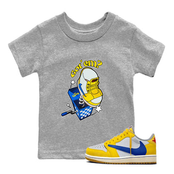 1s Travis Scott Canary shirt to match jordans Shoe In The Box sneaker tees Air Jordan 1 Travis Scott Canary SNRT sneaker release tees baby toddler Heather Grey 1 cotton Shirt