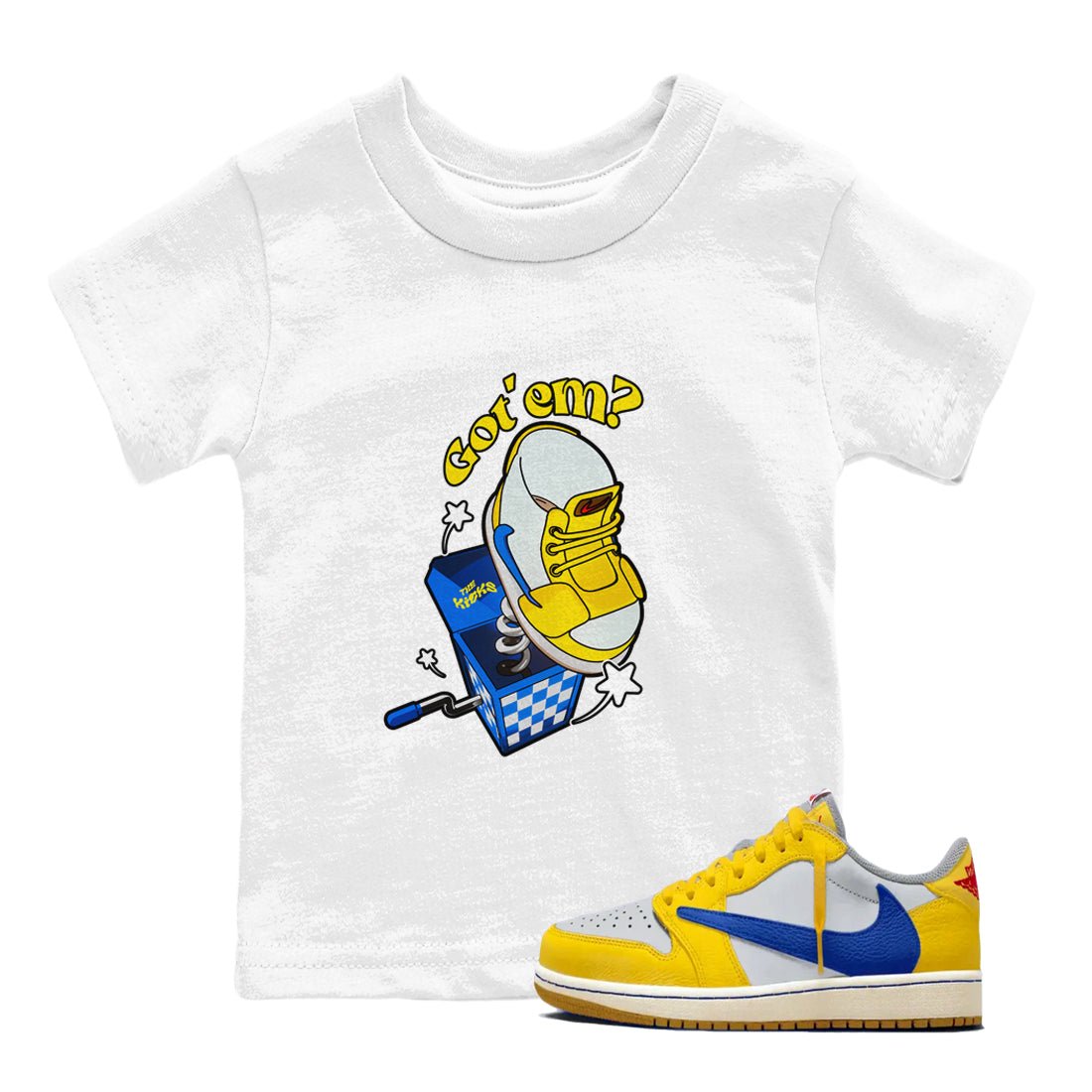 1s Travis Scott Canary shirt to match jordans Shoe In The Box sneaker tees Air Jordan 1 Travis Scott Canary SNRT sneaker release tees baby toddler White 1 cotton Shirt