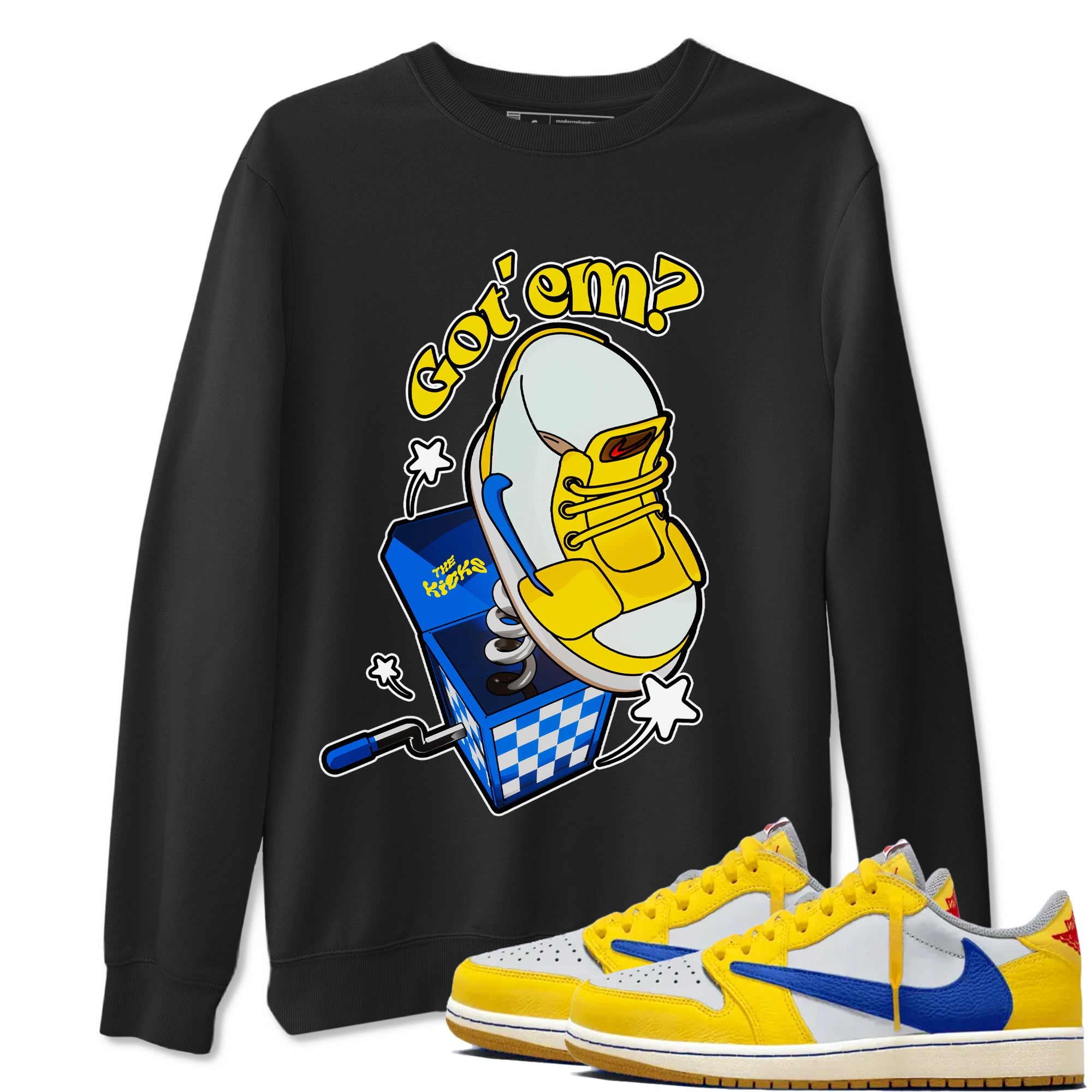 1s Travis Scott Canary shirt to match jordans Shoe In The Box sneaker tees Air Jordan 1 Travis Scott Canary SNRT Sneaker Release Tees unisex cotton Black 1 crew neck shirt